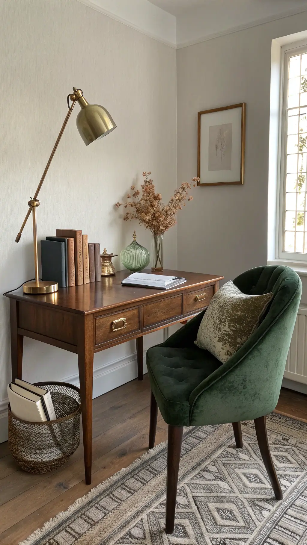 Vintage walnut desk with olive velvet chair, brass lamp, leather books, and ceramic vessels in sunny home office.