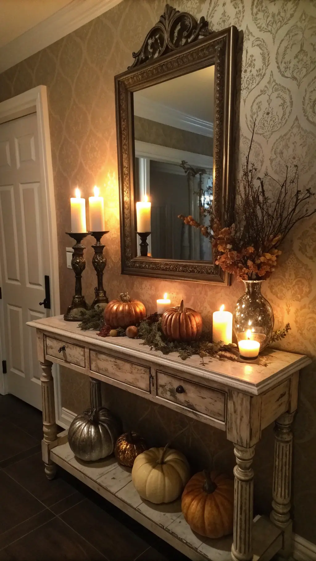 Evening-lit hallway with vintage mirror reflecting candlelight, metallic pumpkins, dried eucalyptus, and textured wall.