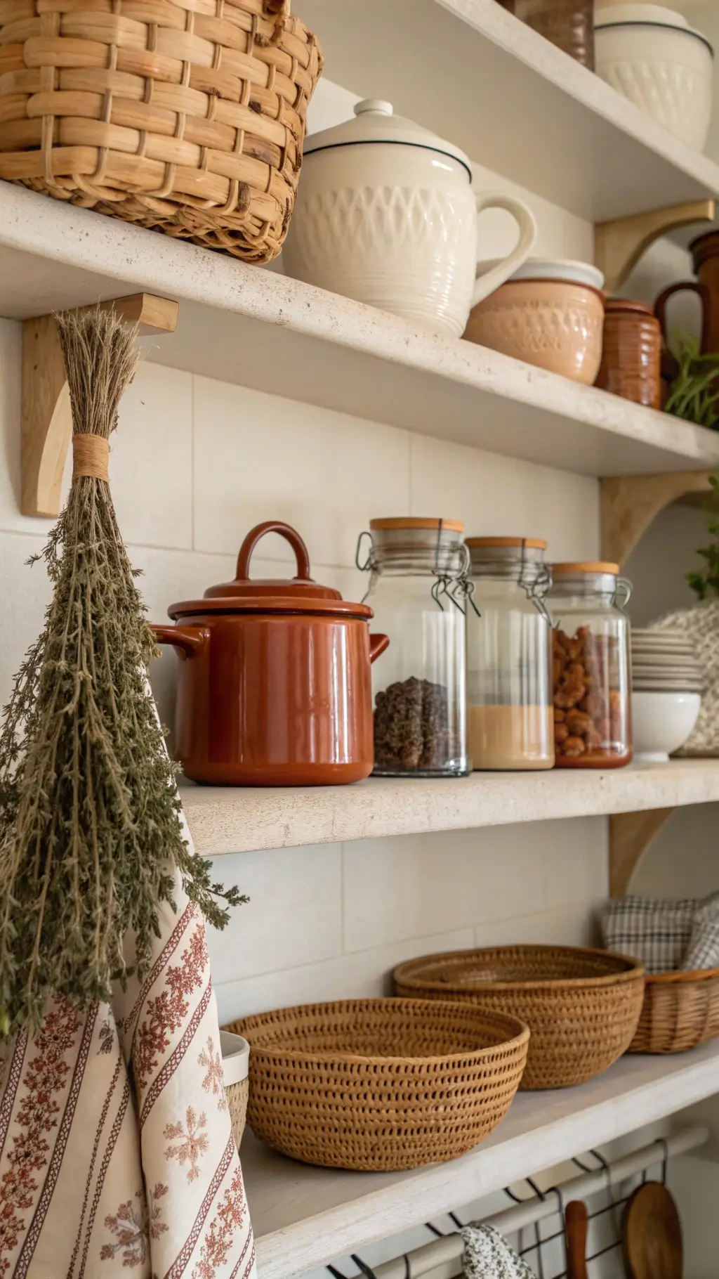 Open kitchen shelves styled with vintage ceramics, copper cookware, woven baskets, and dried herbs in natural light.