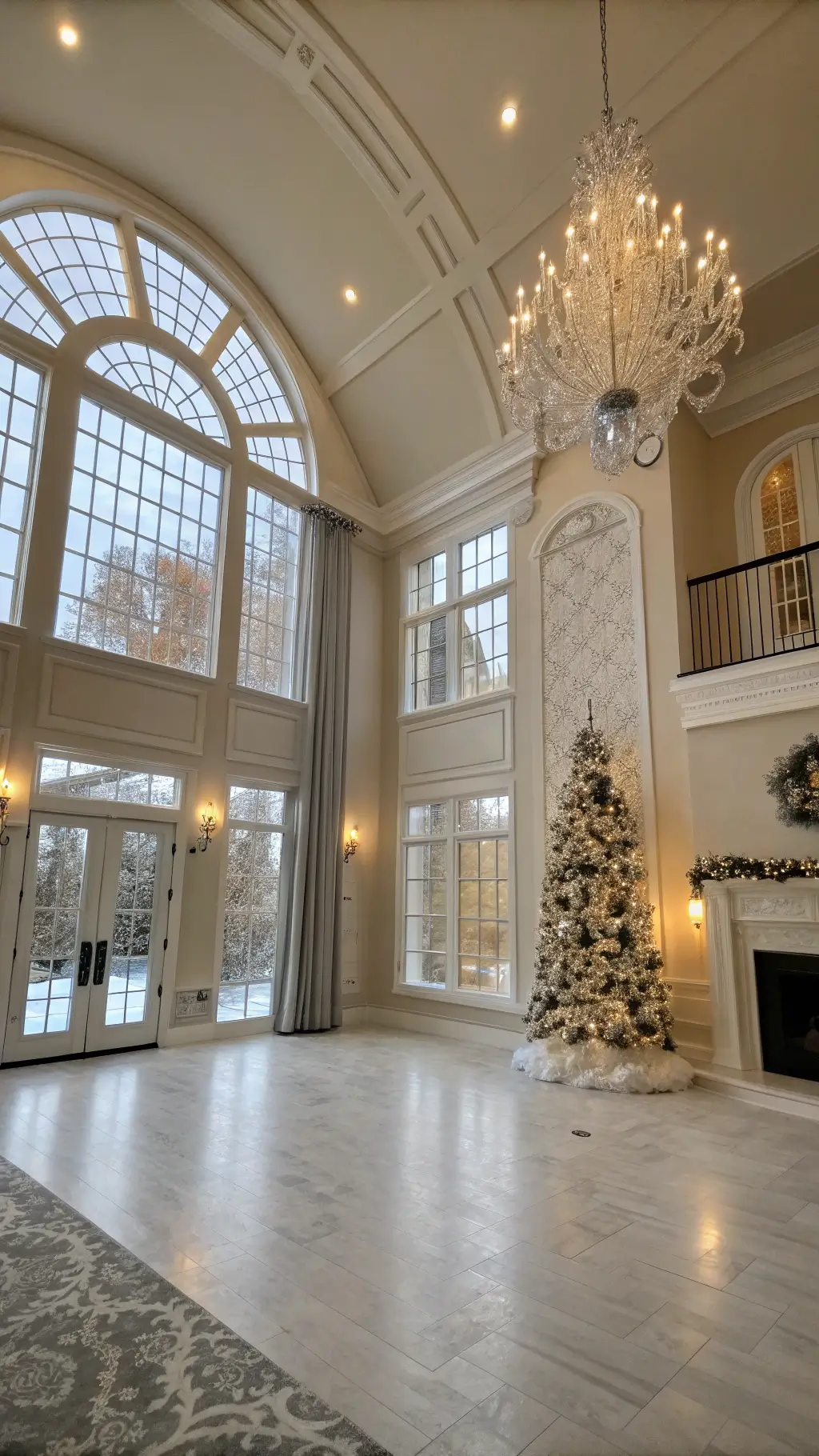 Spacious great room with cascading lights and silver-white Christmas tree