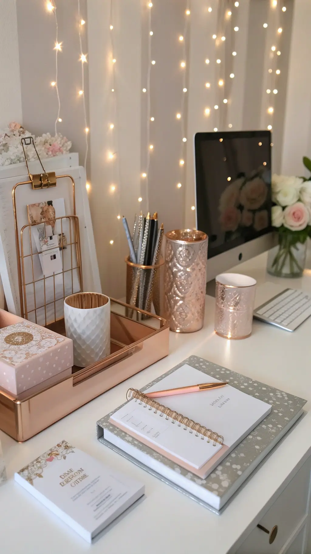 Boutique-style home office with rose gold and silver Christmas decorations