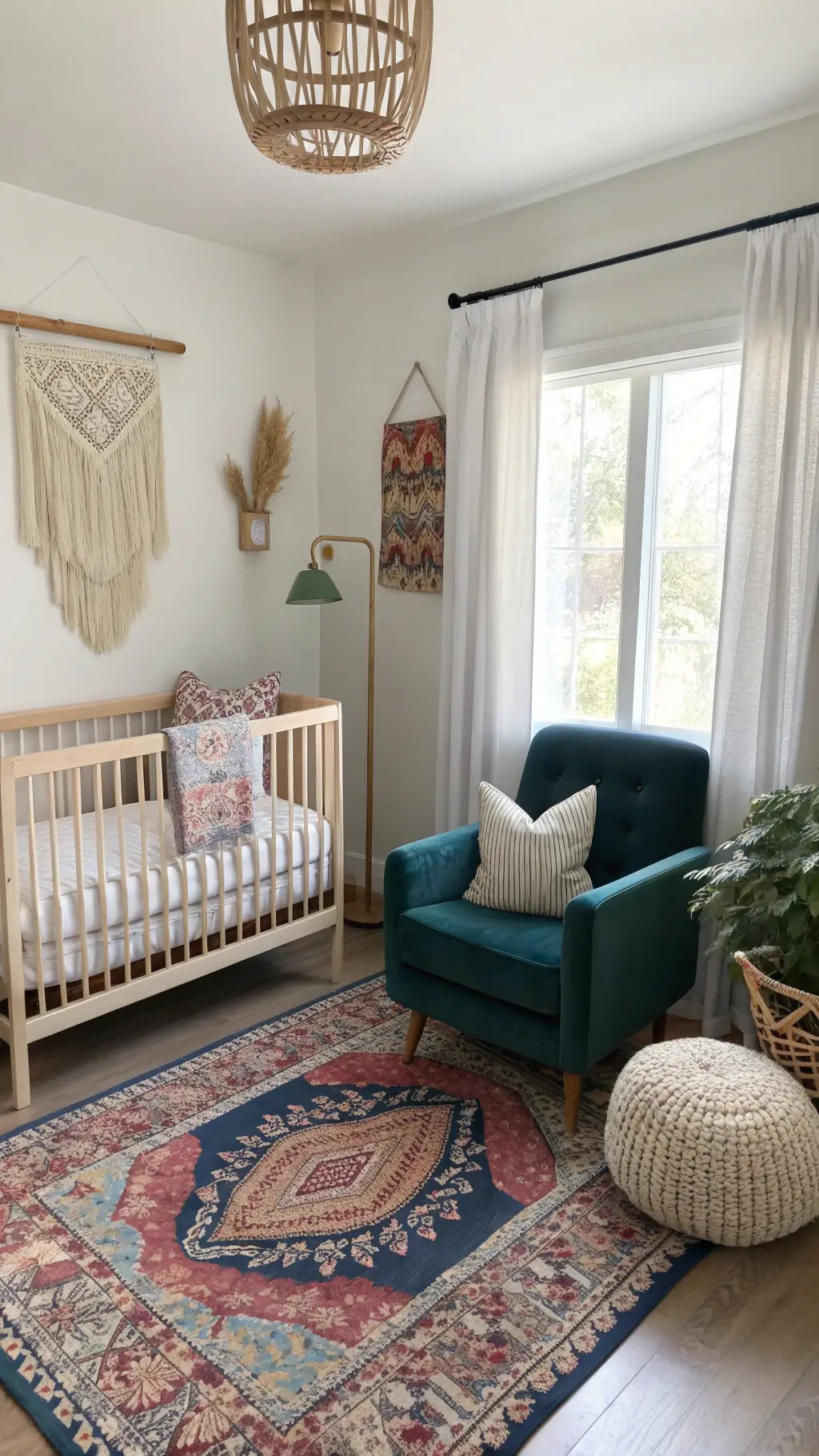 Boho nursery with high ceilings, vintage Persian rug, natural rattan crib, macramé wall hangings, pampas grass, emerald green velvet rocker, and brass floor lamp illuminated by morning light