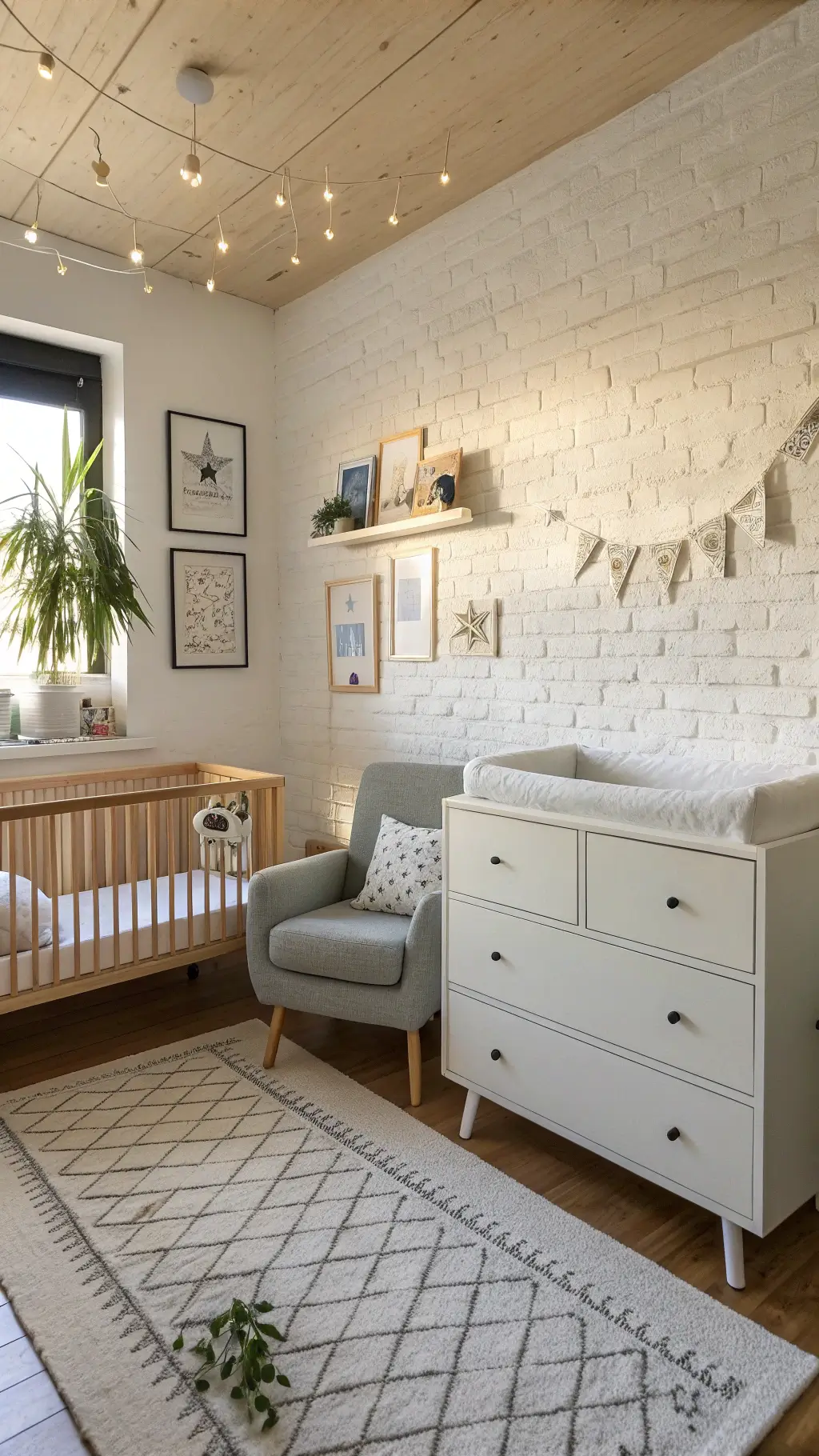 Scandinavian nursery with white-painted brick walls, pale pine furniture, botanical prints, paper stars, and sheepskin throws on a gray rocker bathed in golden afternoon light