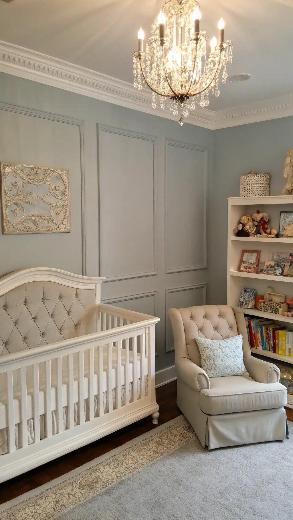Traditional nursery with French gray walls, white spindle crib, cream tufted rocker, crystal chandelier, and built-in bookshelf filled with vintage children's books and toys in early evening light