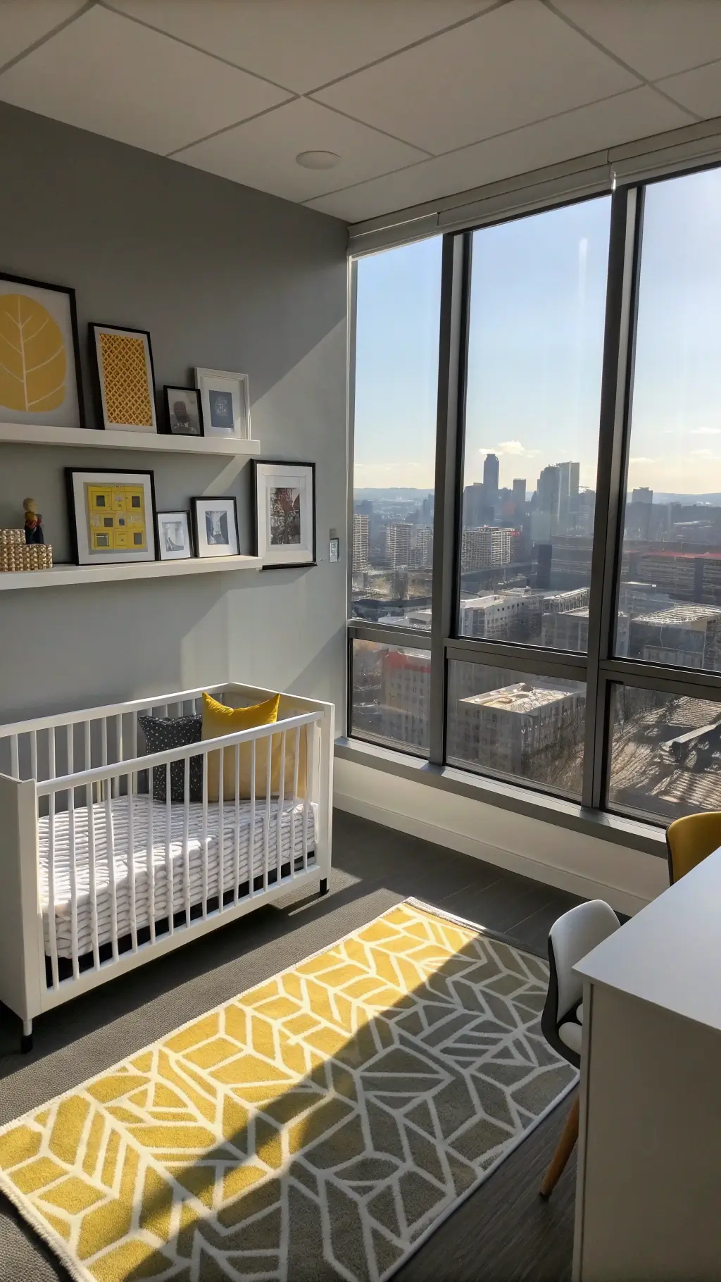 Modern nursery with floor-to-ceiling windows, monochromatic gray and mustard accents, white lacquered furniture, geometric rug, and city view in late afternoon light