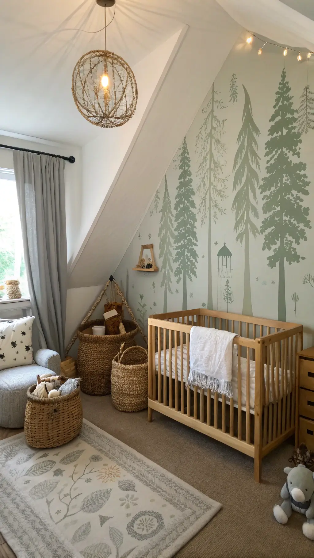 Whimsical woodland nursery with hand-painted murals, natural wood crib, oversized stuffed animals, woven baskets, and mushroom-shaped night light bathed in mid-morning light