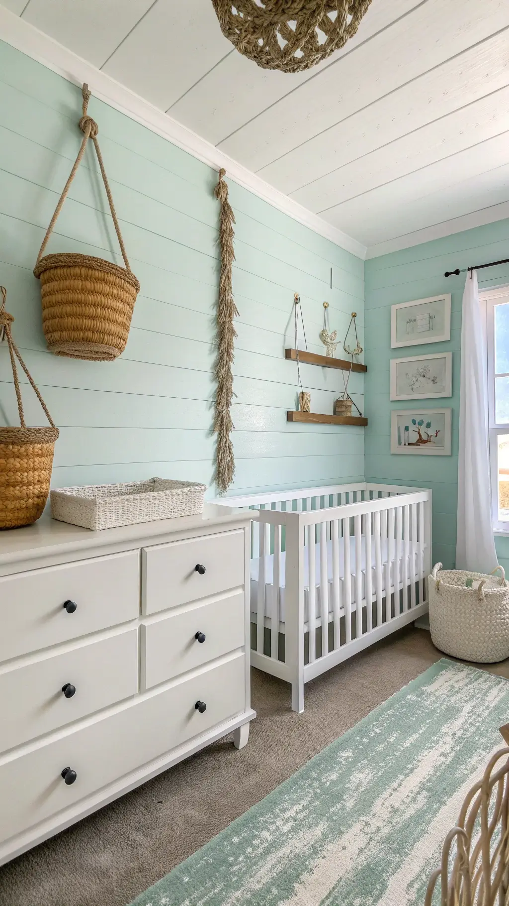 Coastal nursery with shiplap accent wall, weathered white furniture, pale aqua walls, seashell mobiles, rope details, and woven grass baskets in morning light