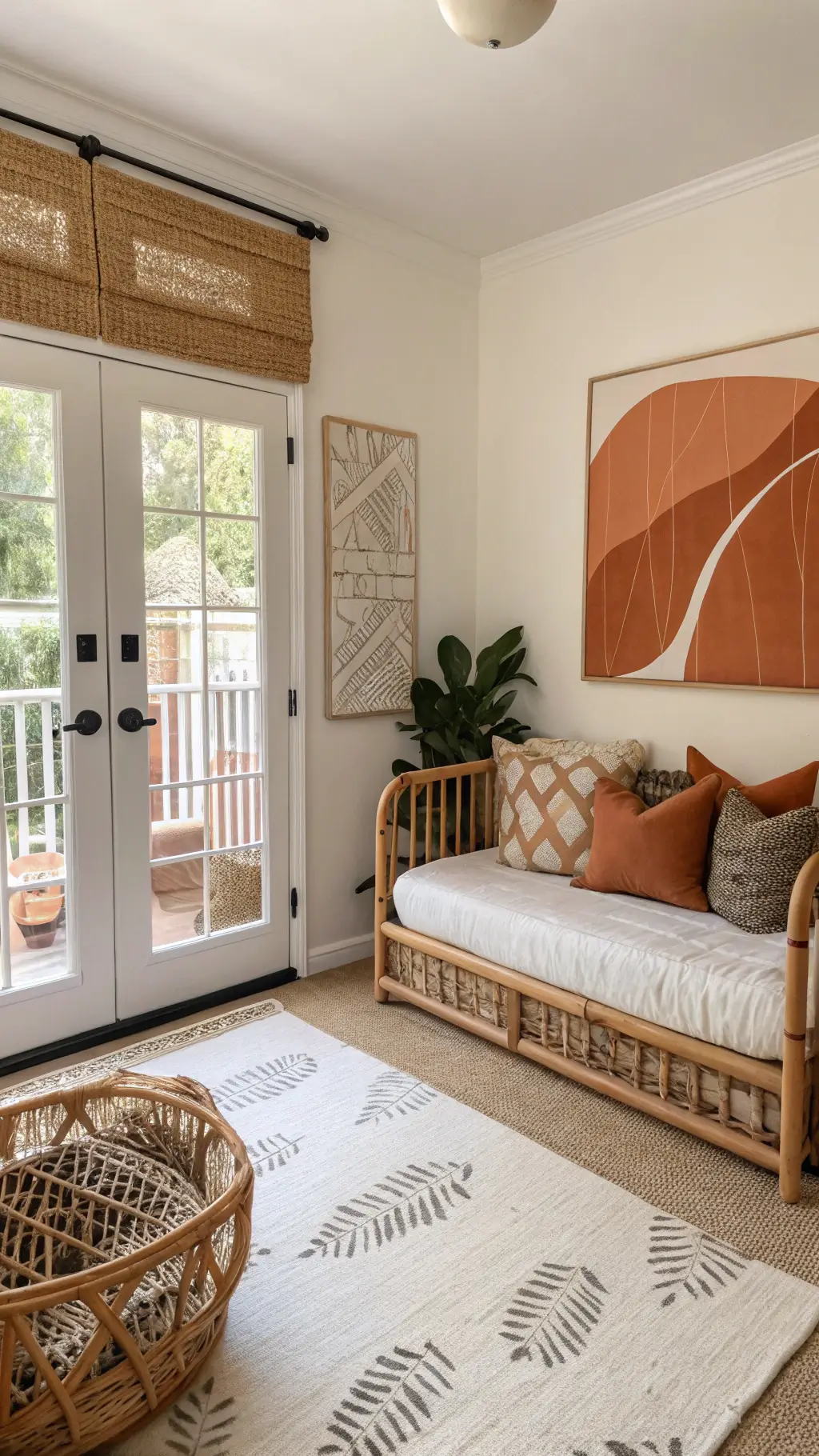 Gender-neutral nursery with terracotta and cream palette, black accents, rattan daybed, oversized abstract earth-toned art, and woven bamboo shades filtering natural light