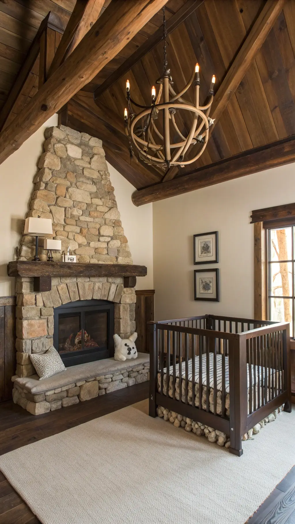 Rustic mountain-inspired nursery with cream walls, exposed wooden beams, dark wood crib, stone fireplace, birch logs, lanterns, and antler chandelier in moody afternoon light