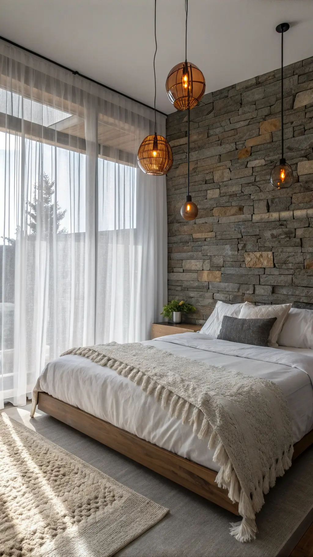 High-angle view of a cozy master bedroom with a weathered gray stacked stone accent wall behind a platform bed, cloud-white linens, chunky knit throws, amber glass pendant lights, and soft morning light filtering through sheer curtains