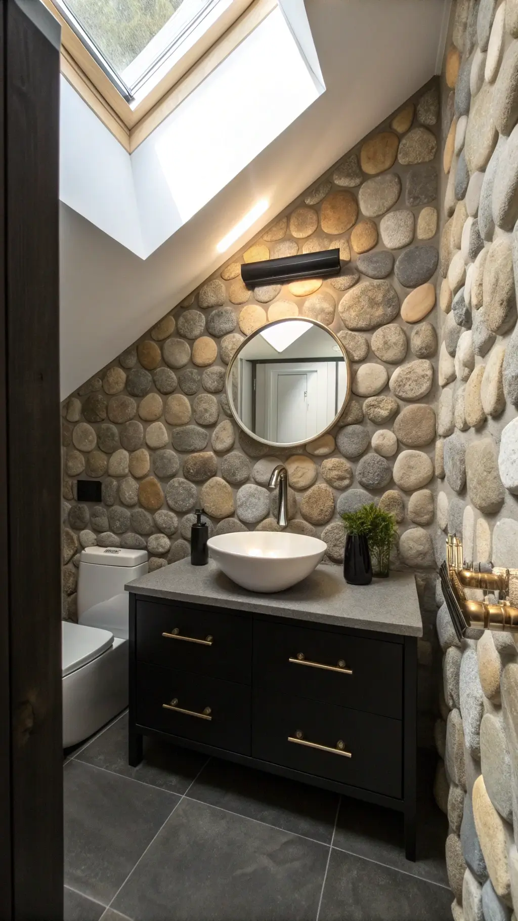 Polished river rock accent wall in a compact powder room with overhead skylight, wall-mounted floating vanity in matte black, and mixed metal fixtures in brushed gold and chrome