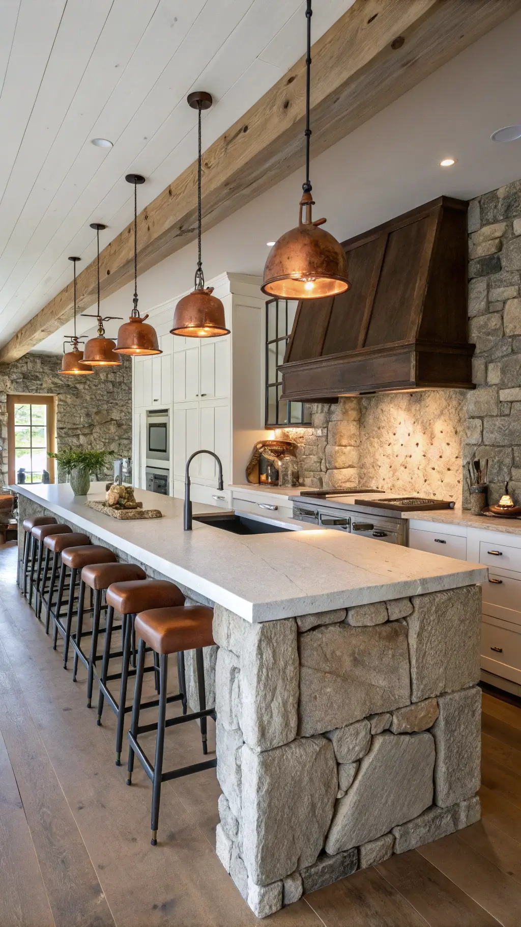 Rustic-modern kitchen with granite wall, white oak cabinets, concrete countertops, vintage leather barstools, and industrial pendant lighting