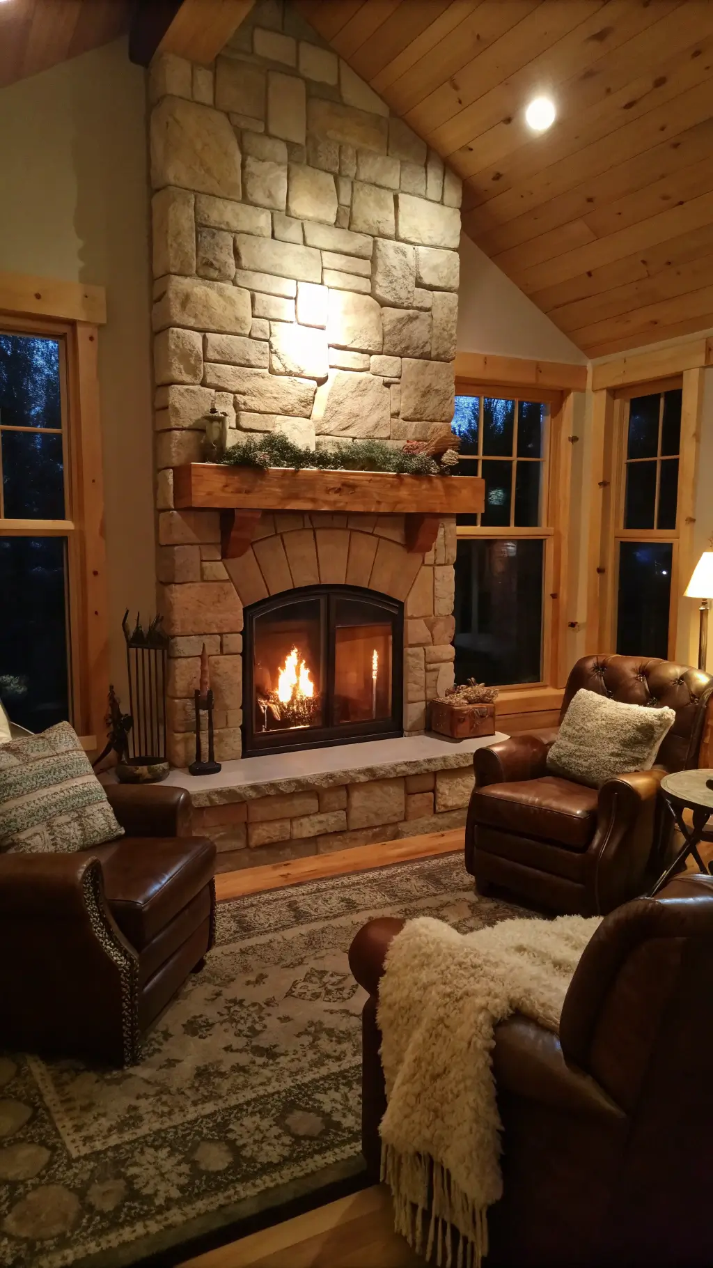 Cozy family room with stone fireplace, warm sandstone walls, deep leather armchairs, sheepskin throws, and firelight casting texture in the evening