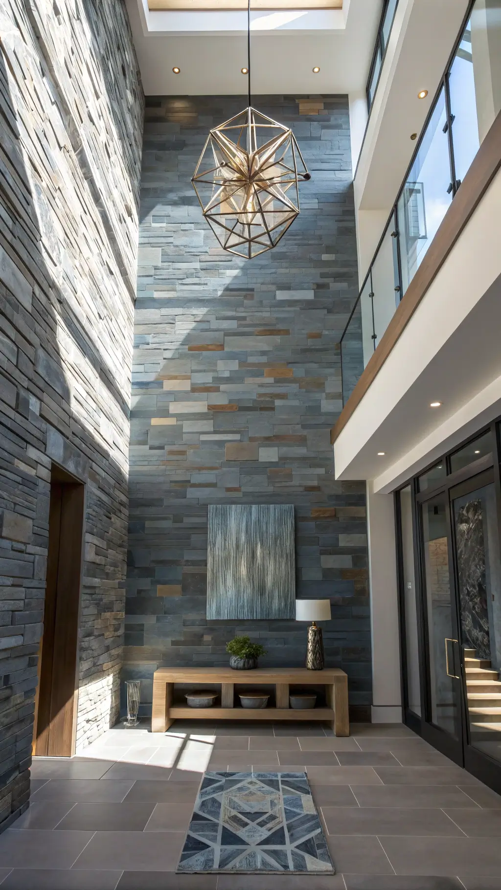 Double-height entryway with modern chandelier, stone feature wall, minimalist console table, and abstract artwork