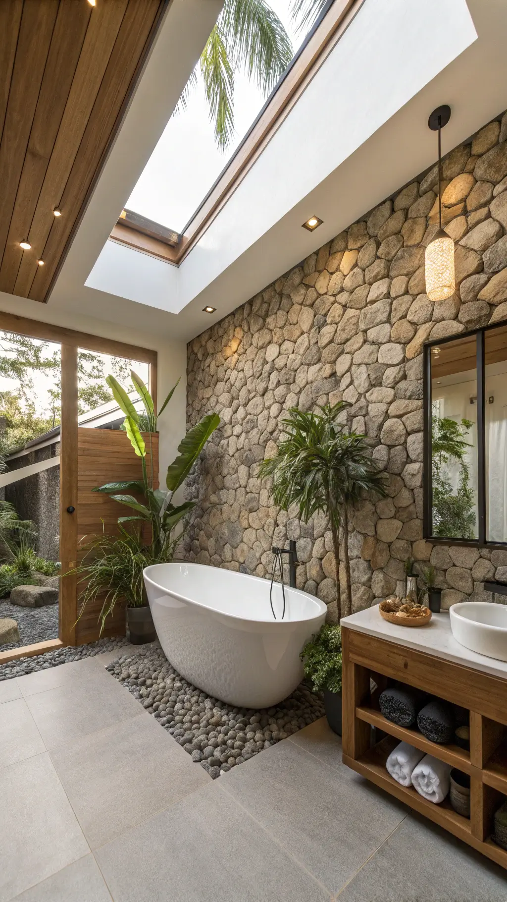 Zen-inspired master bathroom with pebble stone wall, freestanding tub, skylights, teak accessories, and tropical plants
