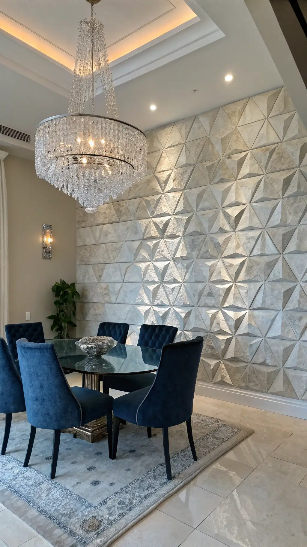 Contemporary dining area with geometric limestone accent wall, crystal chandelier, glass table, and navy velvet chairs