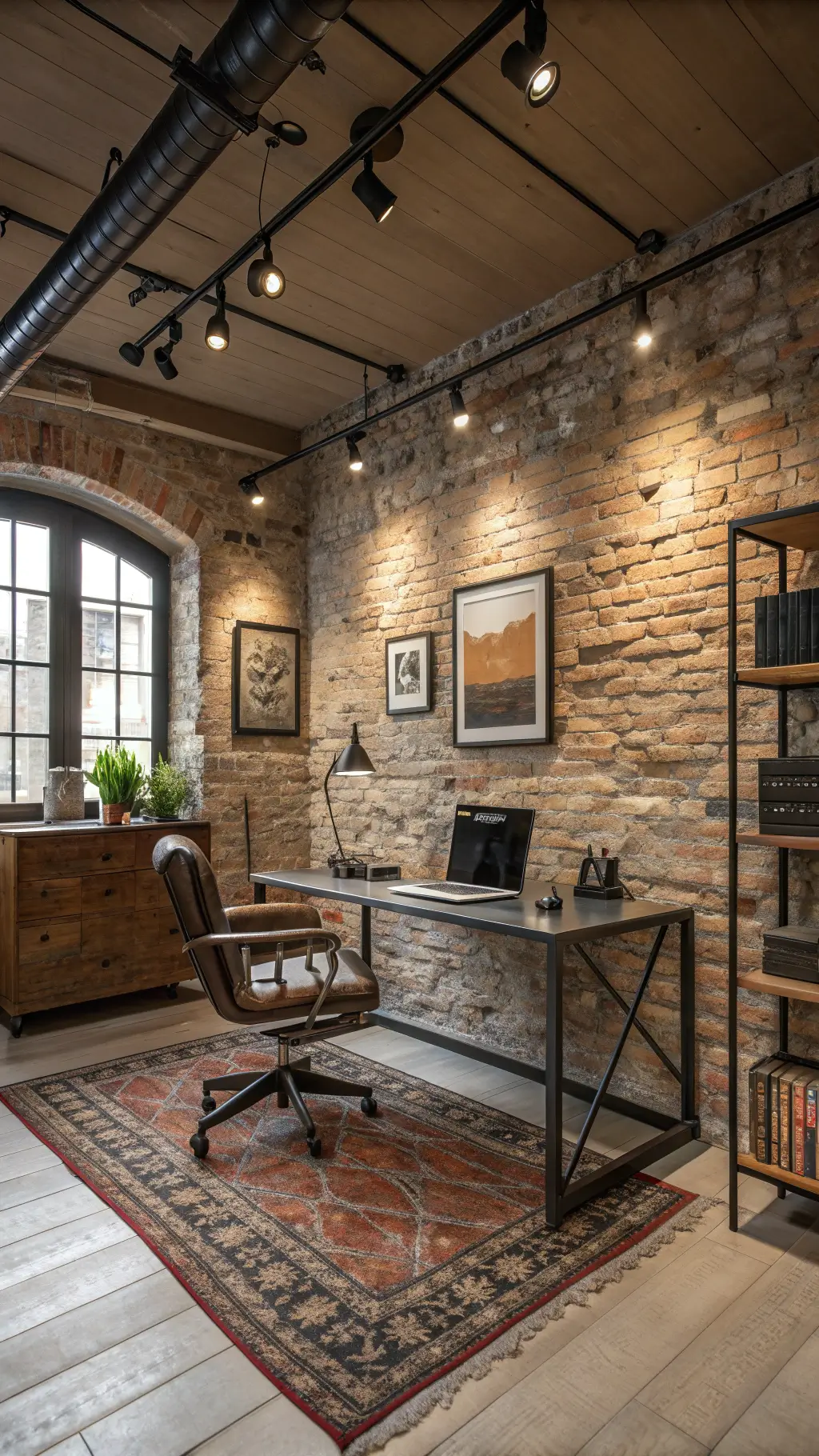 Industrial-chic home office with exposed brick and stone walls, track lighting, metal desk, leather chair, and vintage rug