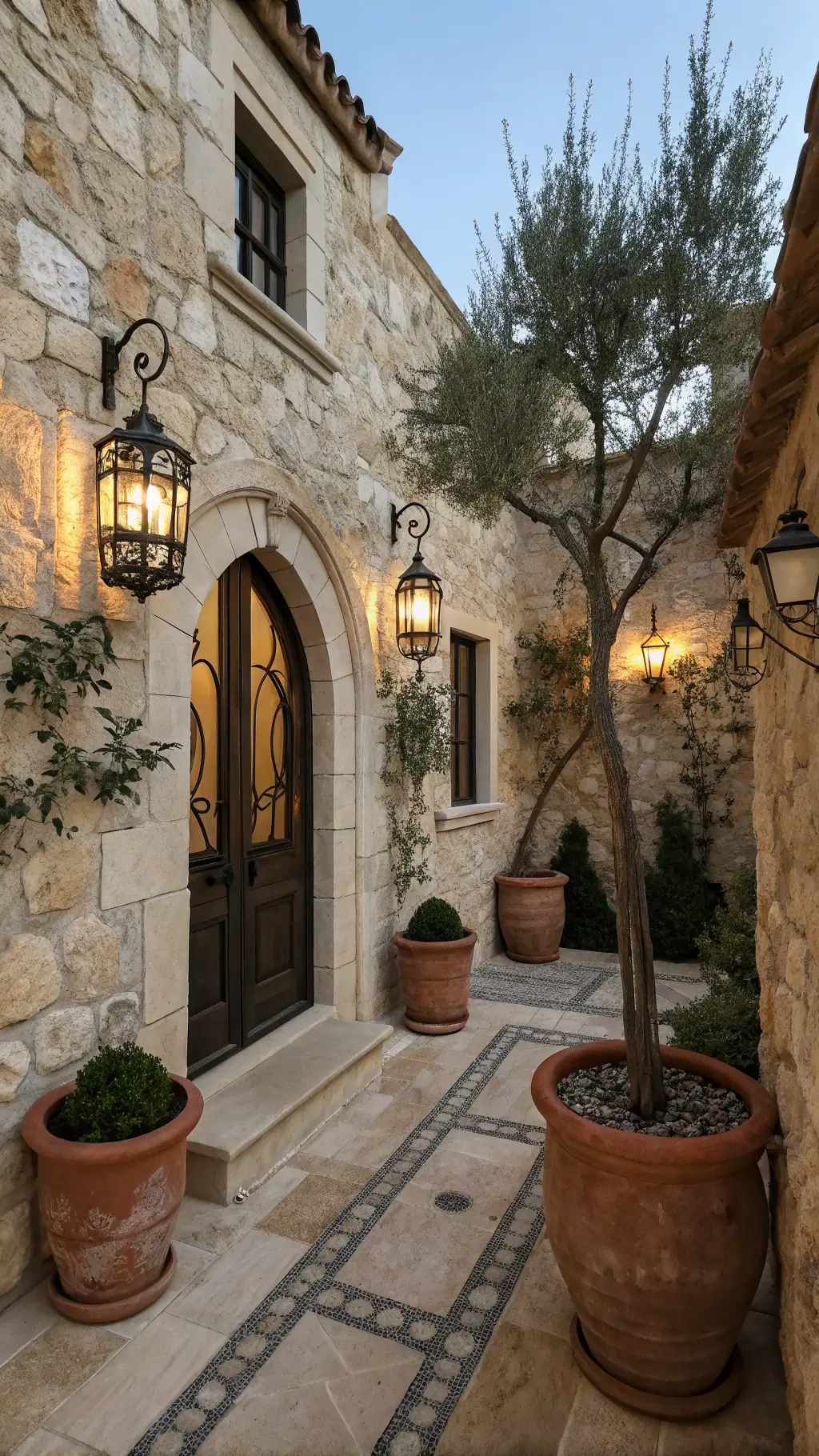 Mediterranean-style courtyard entrance with mixed stone wall, iron lanterns, terra-cotta pots, and olive trees framing the doorway at dusk