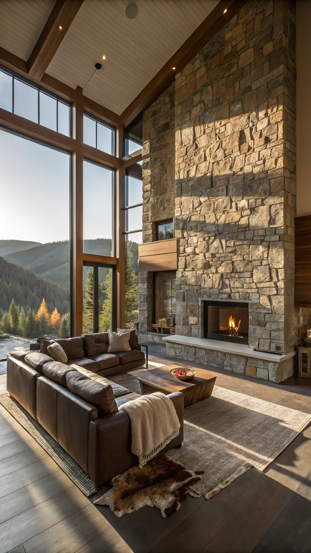Modern mountain great room featuring a dominant stone fireplace, built-in wood storage, leather sectional, wool throws, and hide rug illuminated by afternoon light