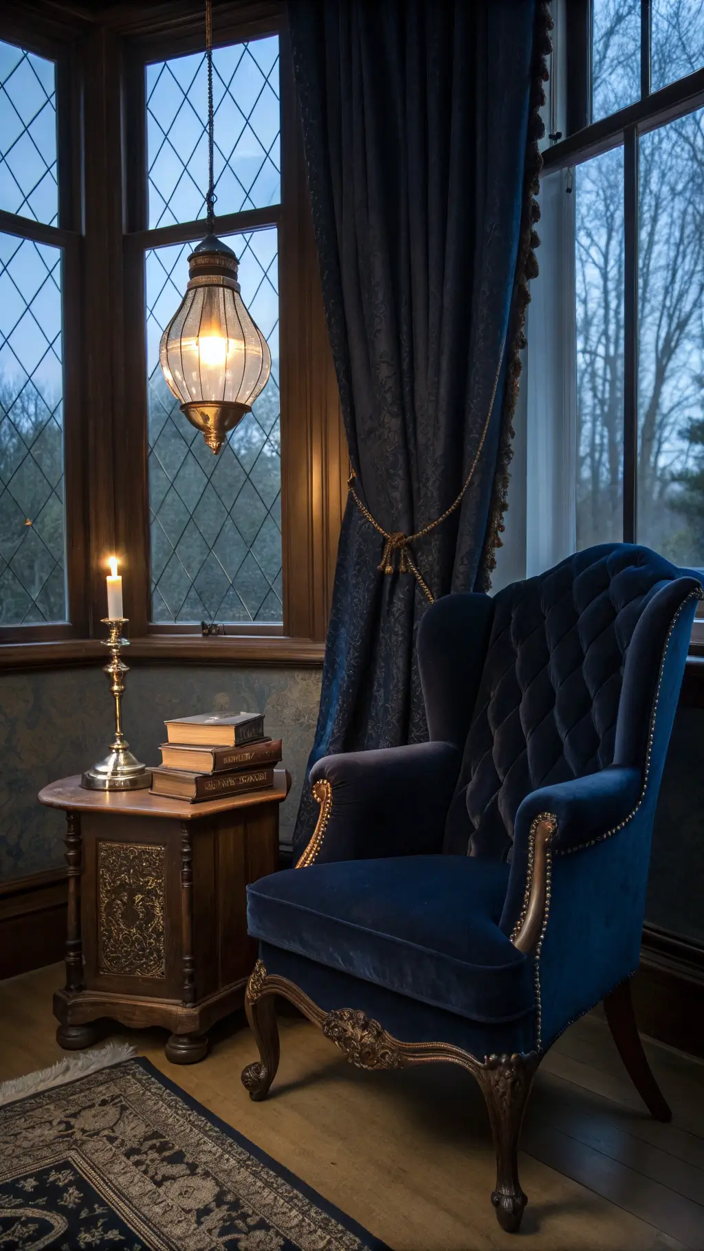 Gothic boudoir with Victorian armchair, carved wooden table, Edison bulb lamp, candlesticks, books, framed by damask curtains and leaded glass windows at twilight.