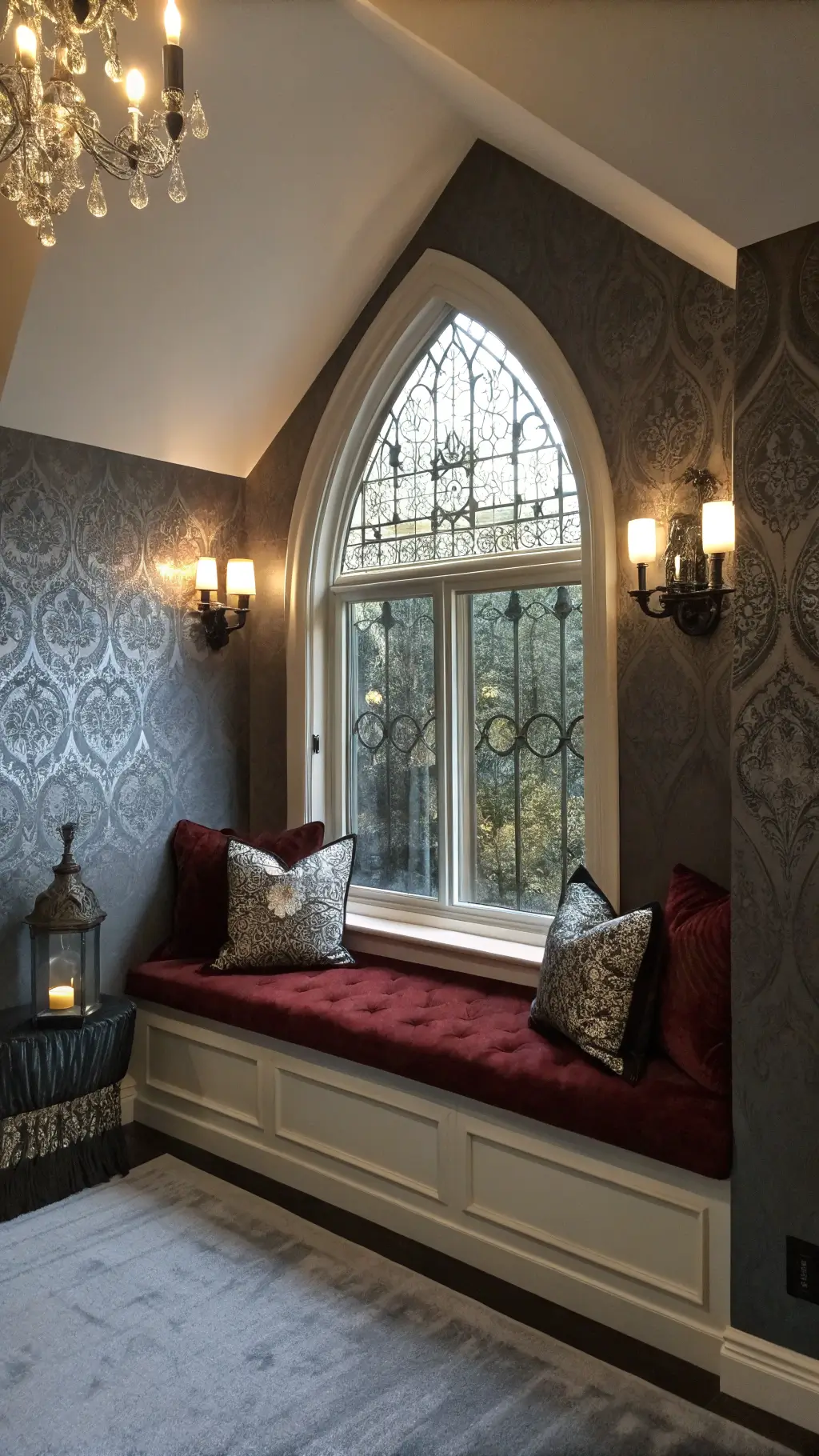 Elegant master bedroom alcove with charcoal walls, silver damask wallpaper, velvet cushions, wrought iron sconces, and crystal decanter on shelf at dusk.