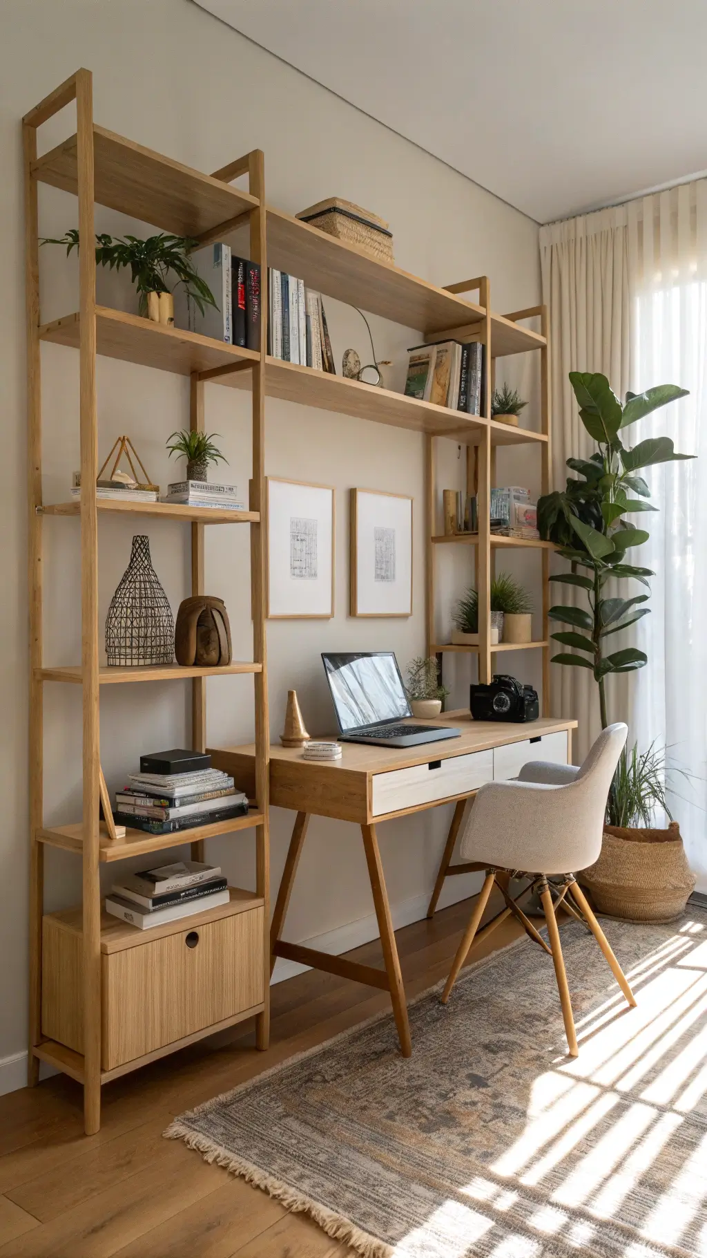 Japandi style home office corner with bamboo shelves, ash wood desk, books, and soft natural lighting.