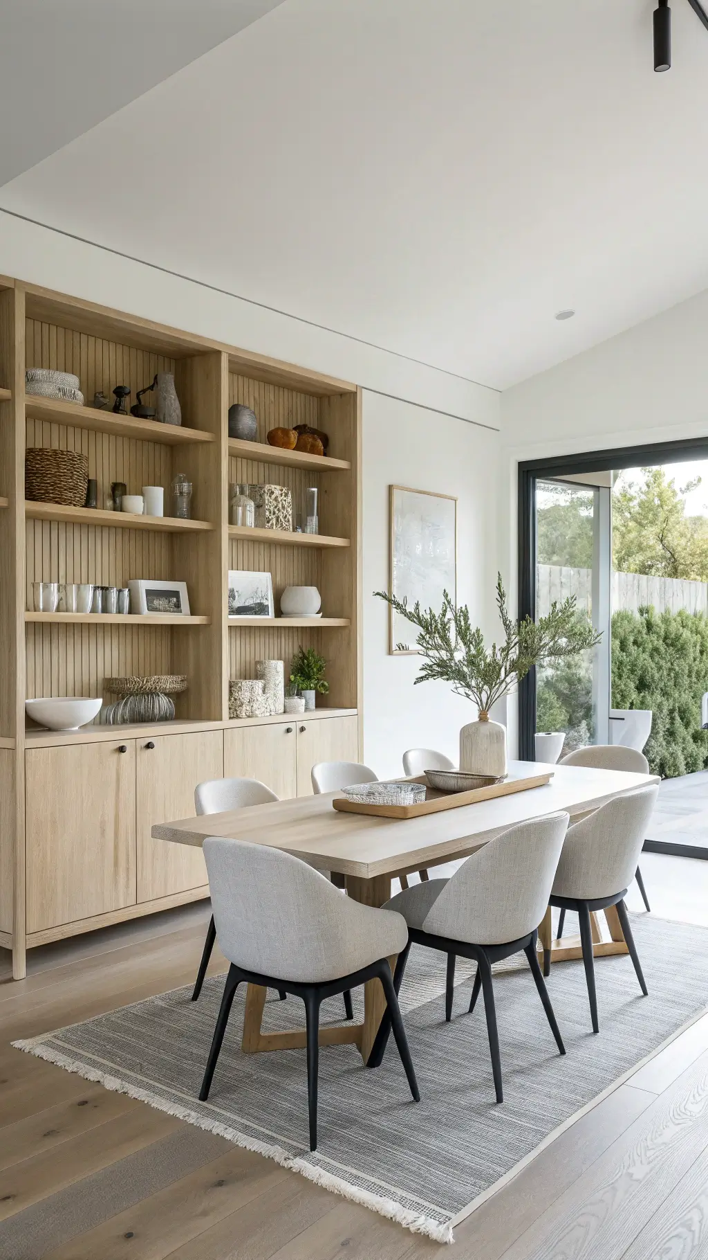 Minimalist dining room with floating Japandi shelves, black oak table, white ceramics, and pampas grass under natural light.