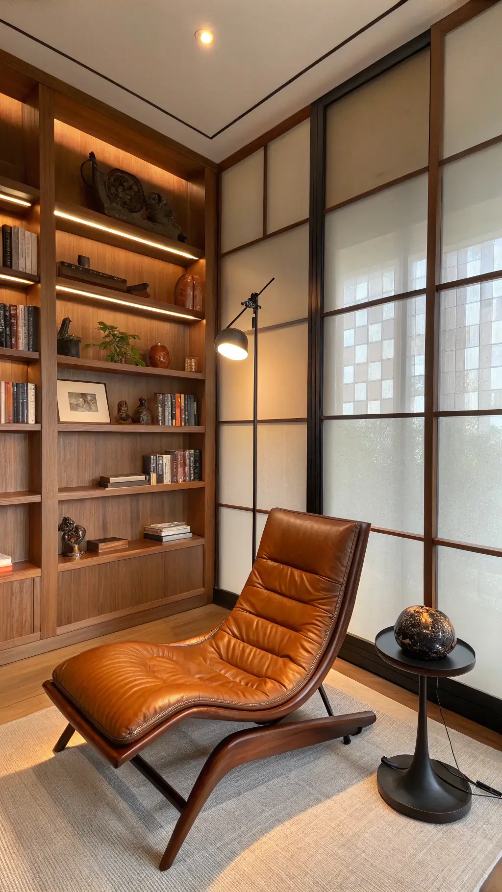 Cozy reading nook with Japandi bookshelf, leather chair, matte black lamp, and curated art books in soft lighting.