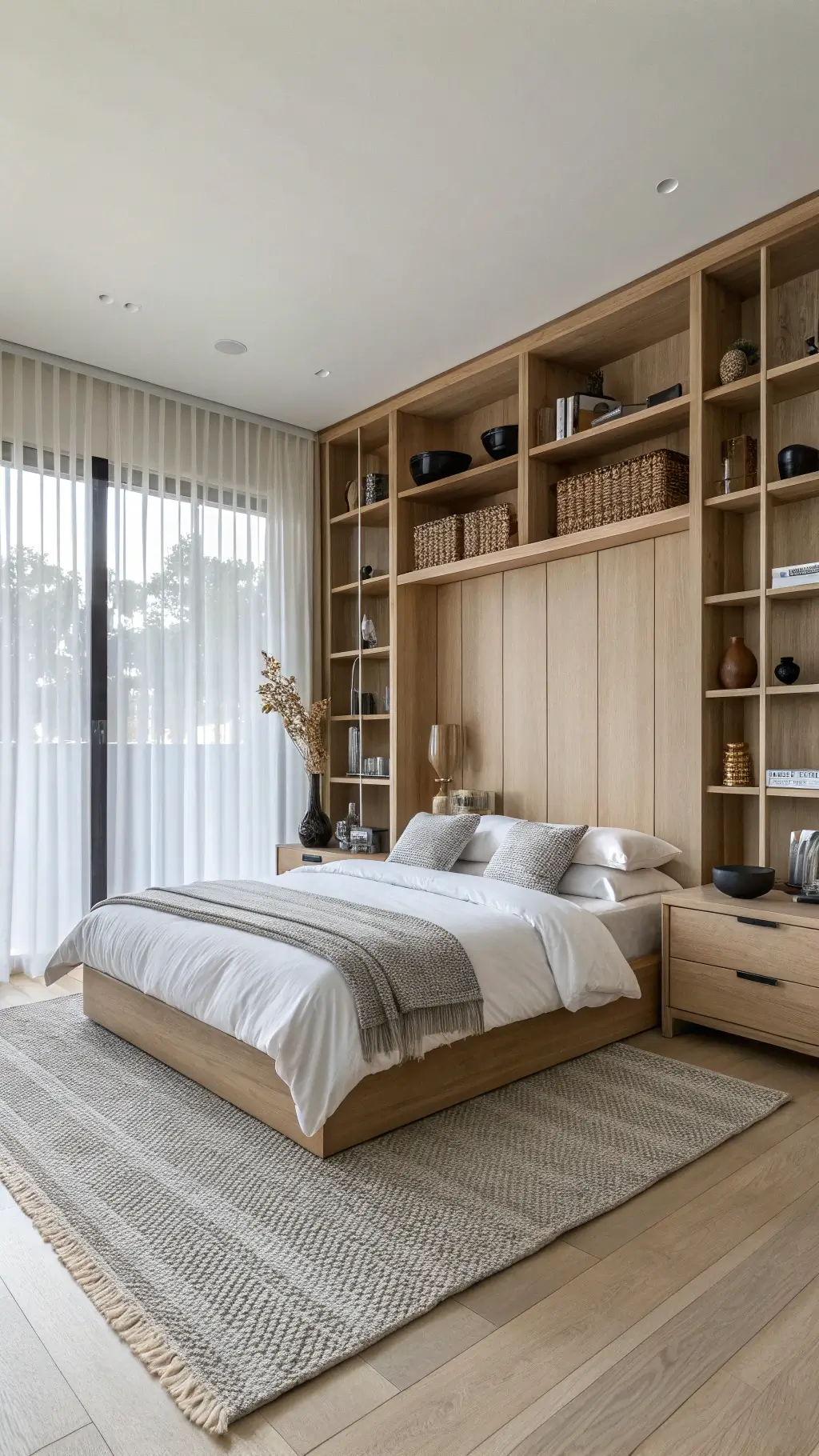 Serene bedroom with whitewashed oak Japandi shelving, natural fiber baskets, black ceramic vessels, and soft morning light.