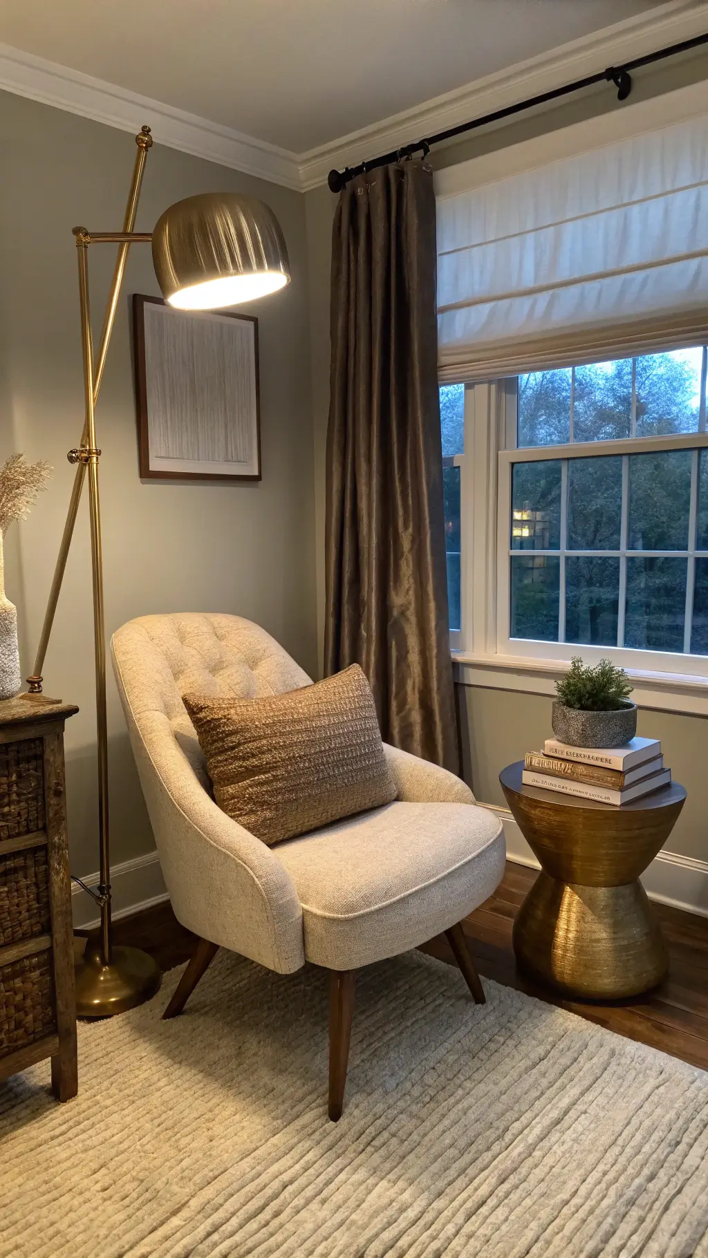 Layered textures and colors in transitional bedroom