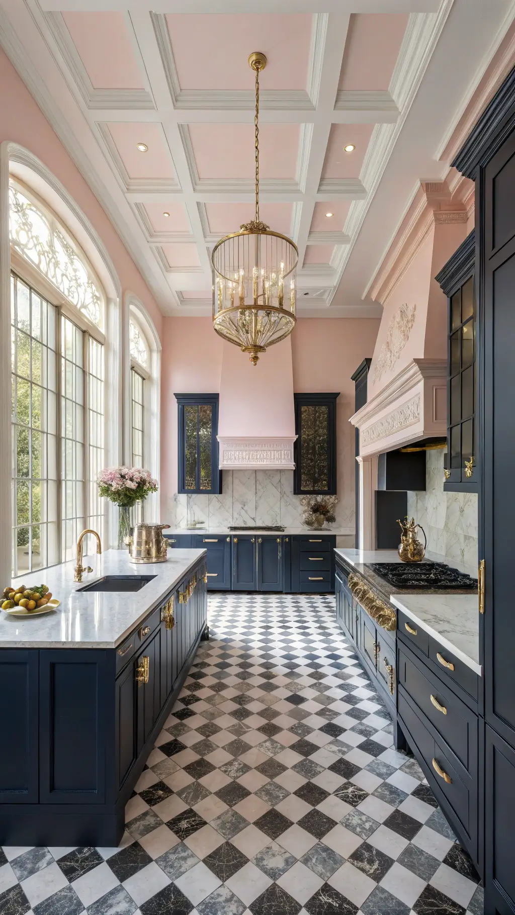 Modern kitchen with pink and charcoal accents