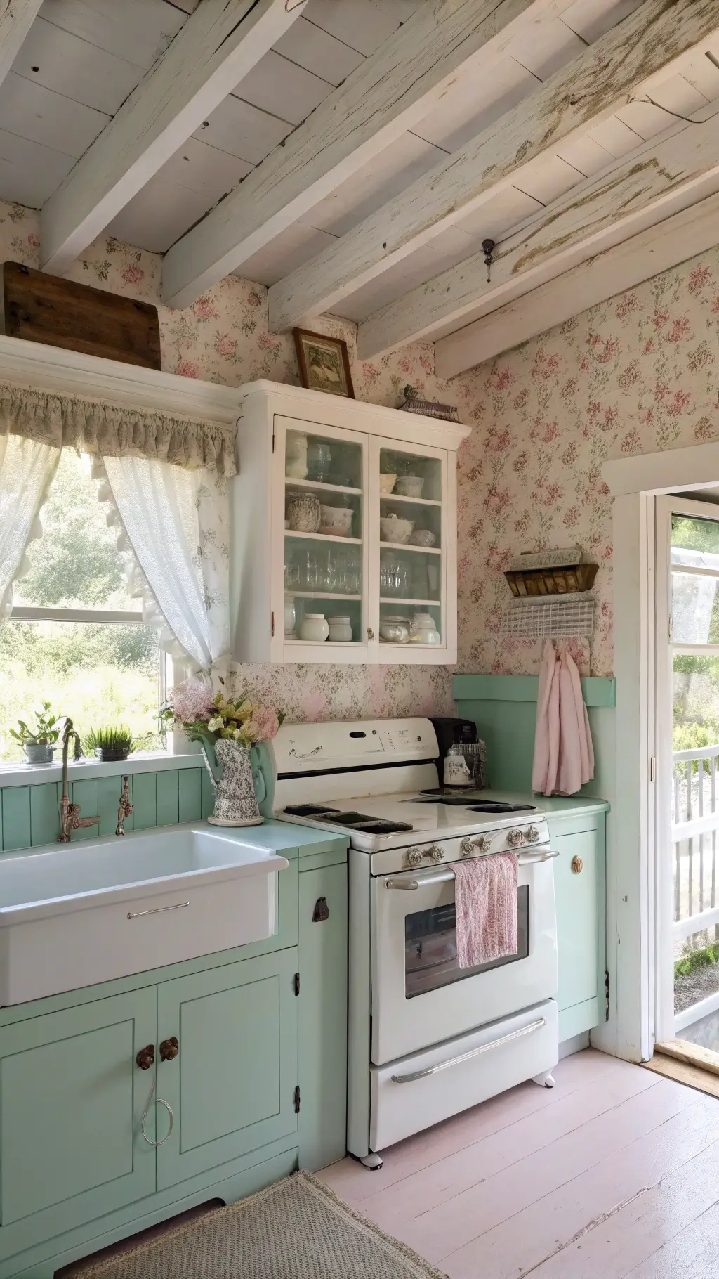 Rustic kitchen with pastel pink walls and vintage decor