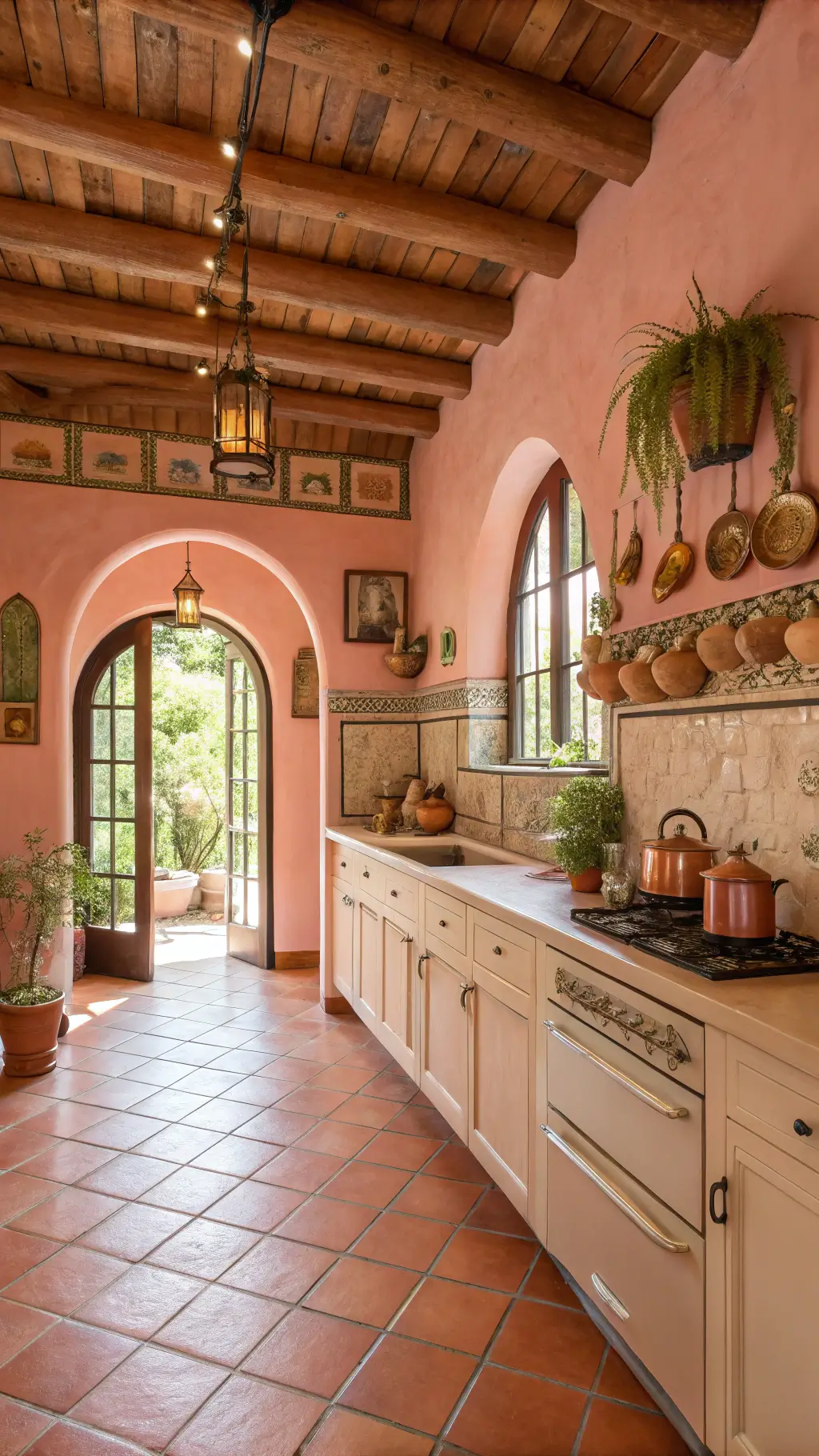 Vintage-inspired kitchen with pink accents and wooden beams