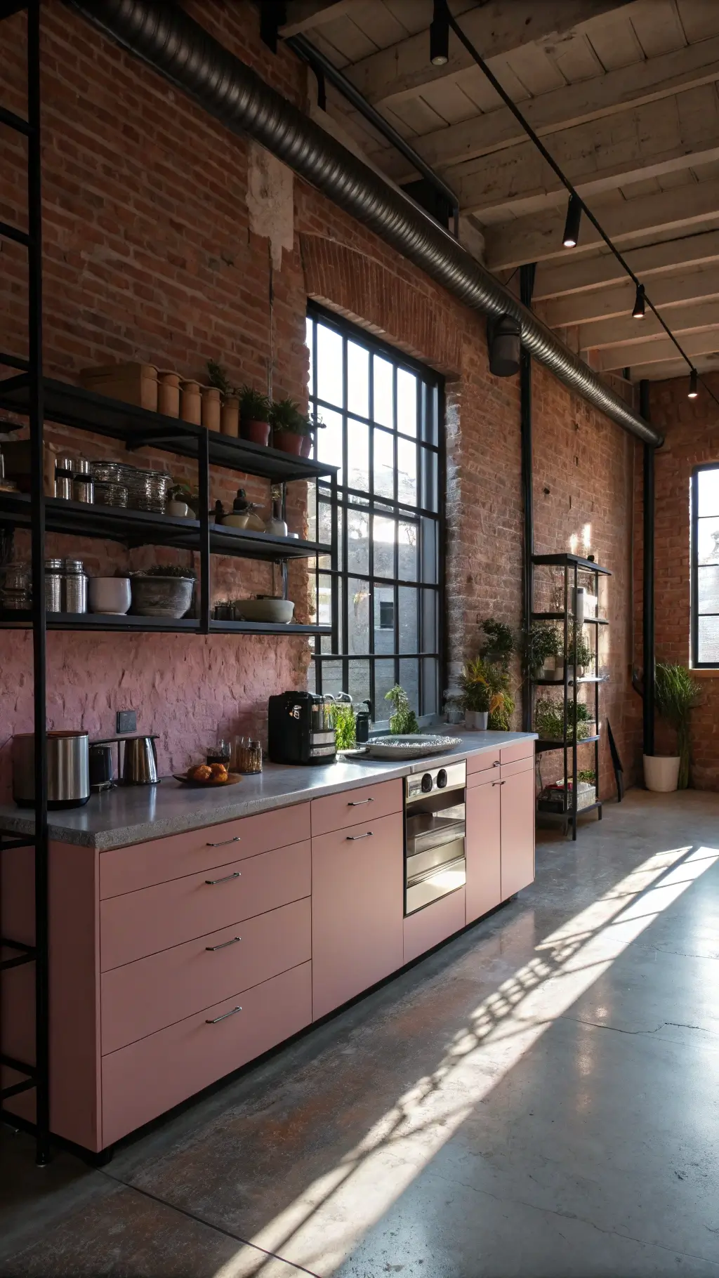 Bright kitchen with pink cabinetry and natural light