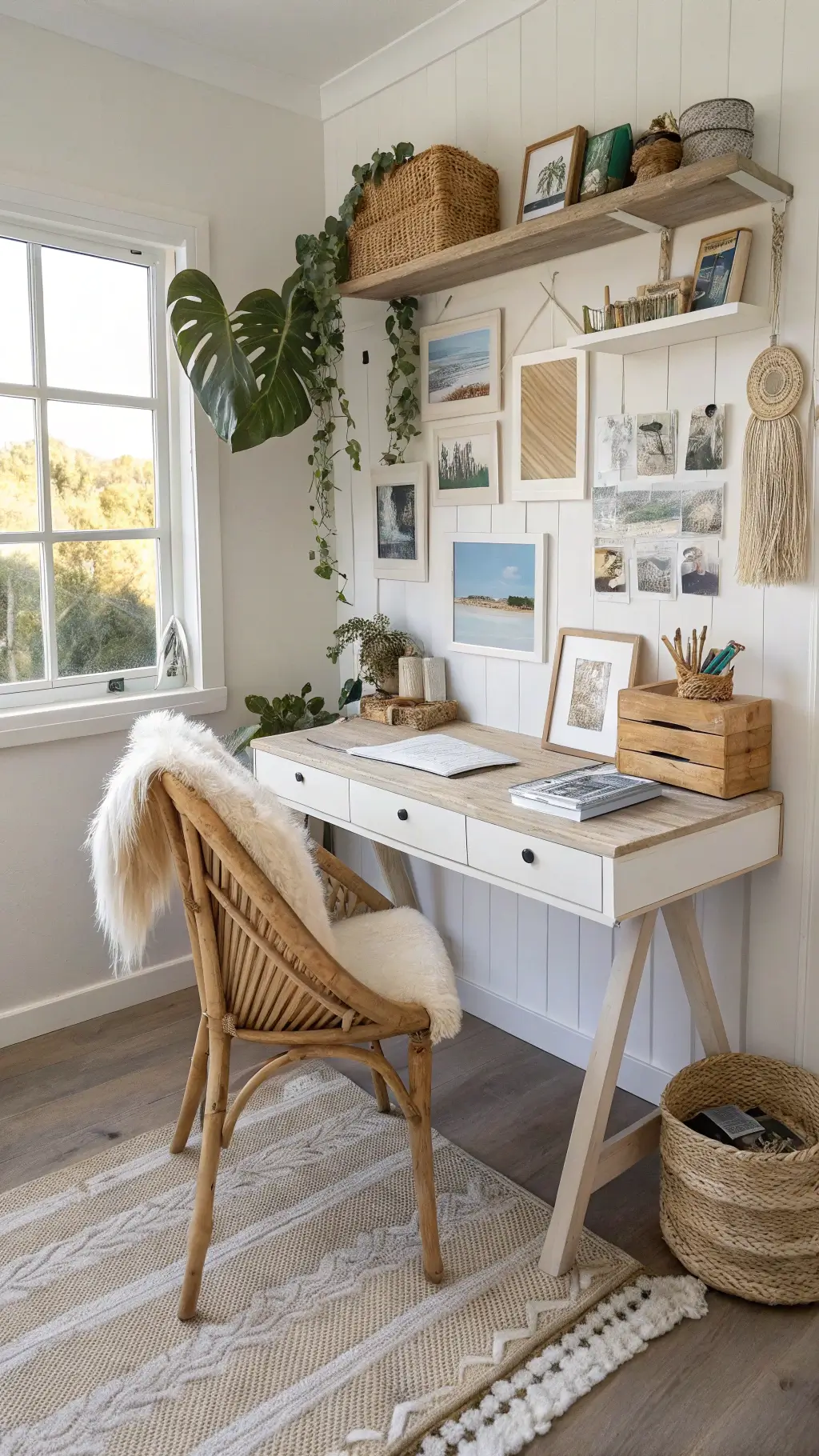 Bright creative workspace with vintage wooden desk, rattan chair, ceramic collections on floating shelves, macramé plant hangers, mood board, woven textures, and beach photographs