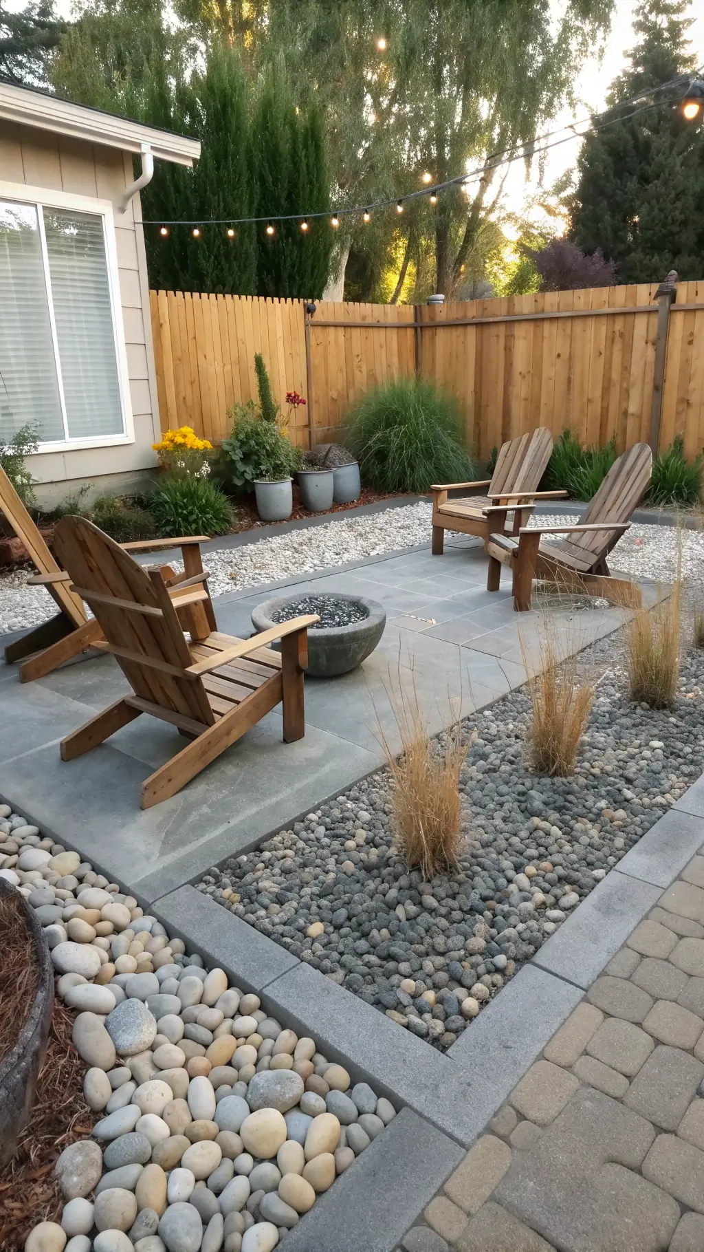 Morning light on L-shaped gravel patio with gray and tan river rocks, wooden Adirondack chairs around fire pit, concrete planters, ornamental grasses, and bamboo privacy screen