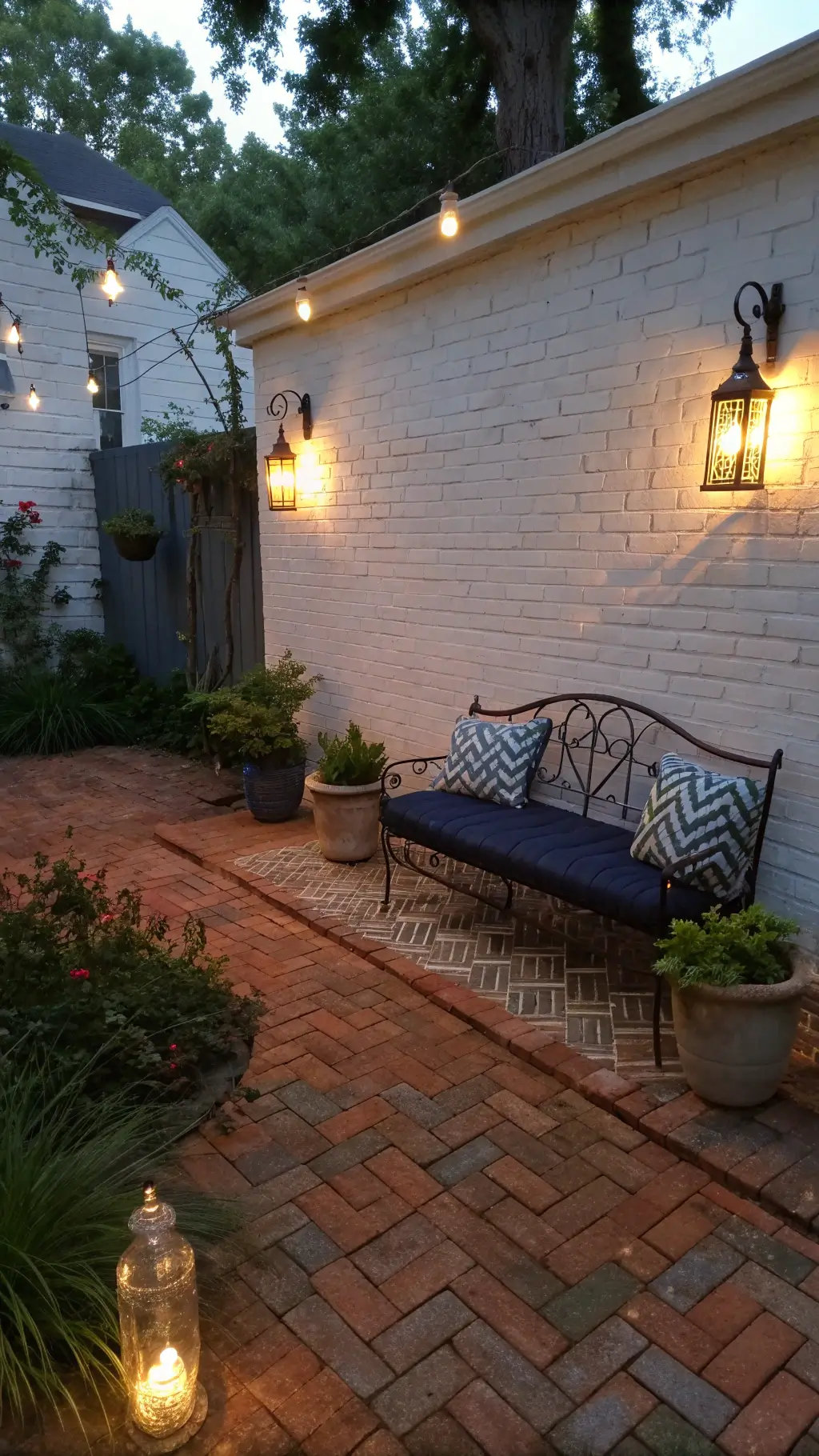 Dusk view of vintage red-orange brick patio with wrought iron loveseat, mason jar pendant lights, and potted ferns against whitewashed garden wall