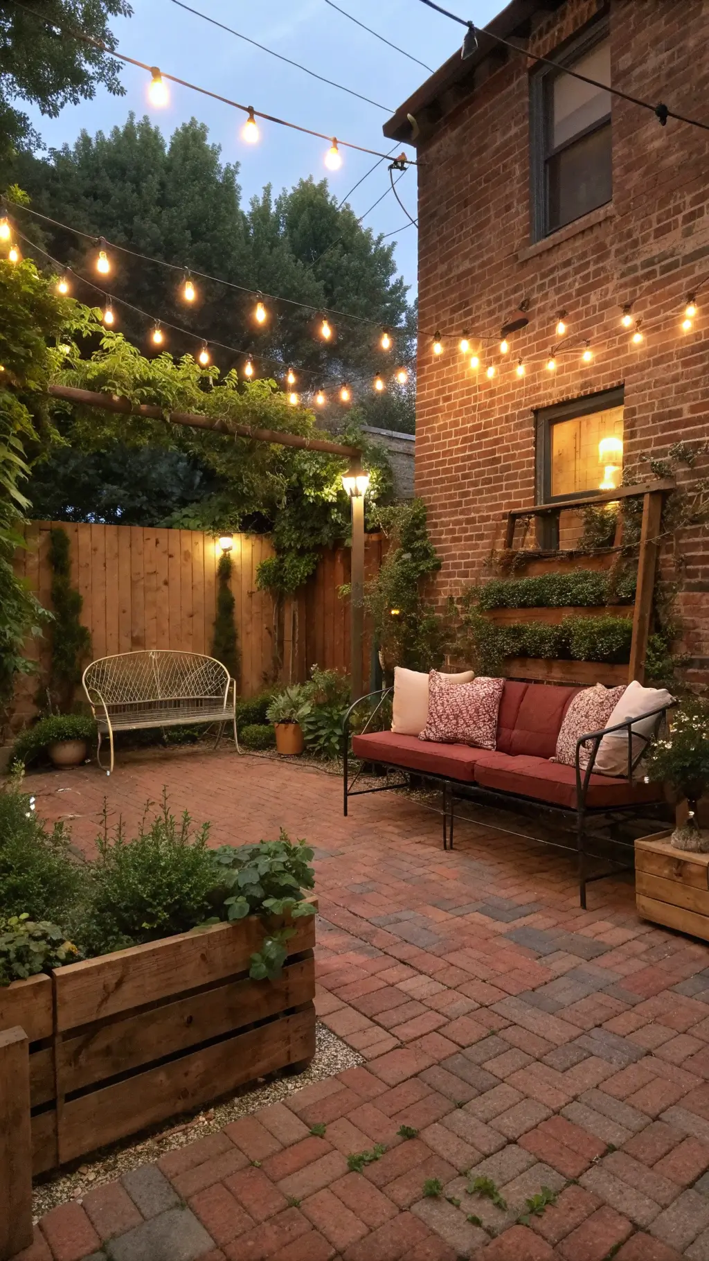 Rustic brick patio with vintage metal glider, wooden planter boxes with jasmine, and overhead string lights at twilight