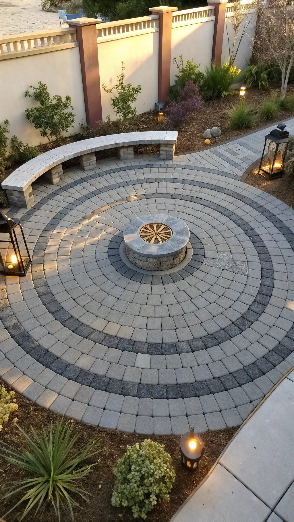 Aerial view of circular paver patio with concentric rings in charcoal and light gray, central curved concrete bench with copper patina, metal lanterns, and succulent garden border at golden hour