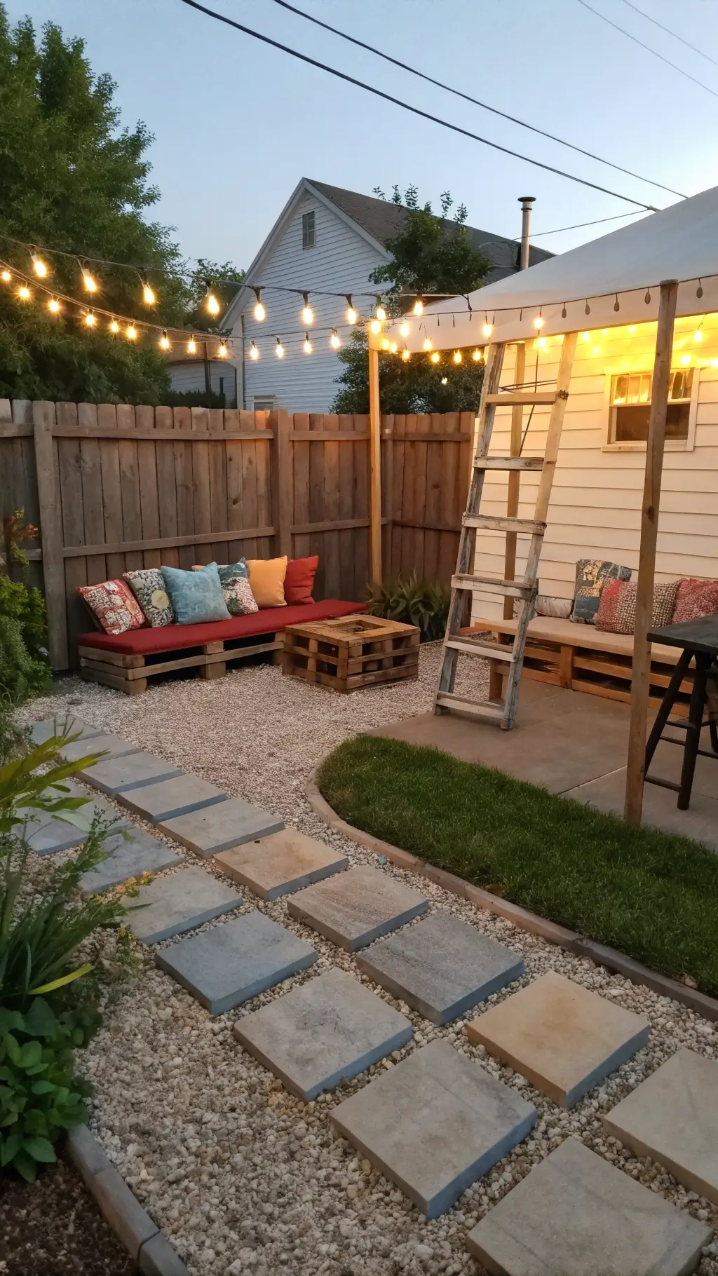 Late afternoon sun casting shadows on mixed-material patio with stepping stones, gravel base, wooden pallet seating with colorful pillows, repurposed ladder plant stand, and string light canopy
