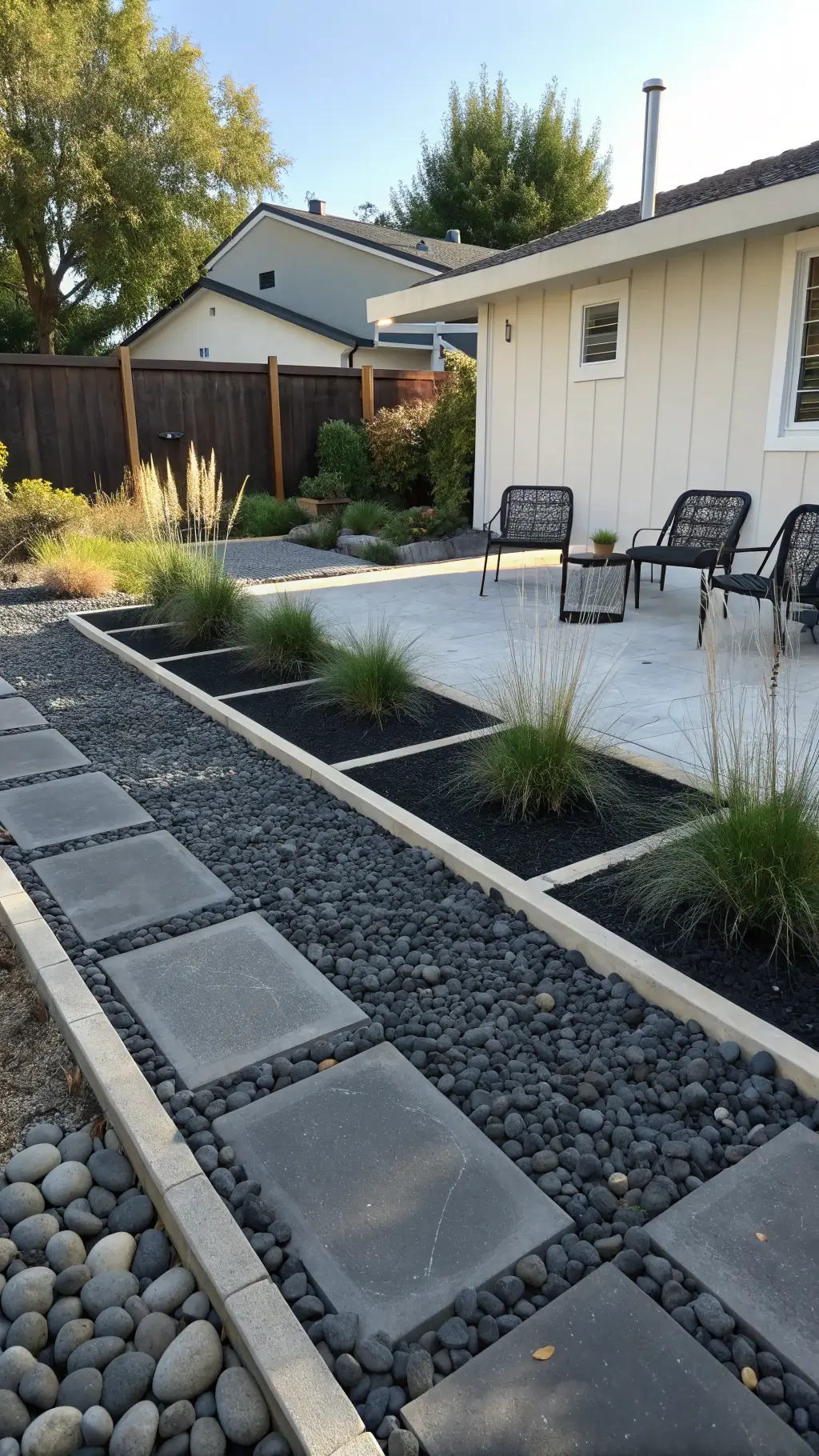 Eye-level view of modern 16x16 feet gravel courtyard with black river rock, light limestone border, matte black metal chairs, concrete planters with tall grasses, and minimalist solar path lights under bright midday light