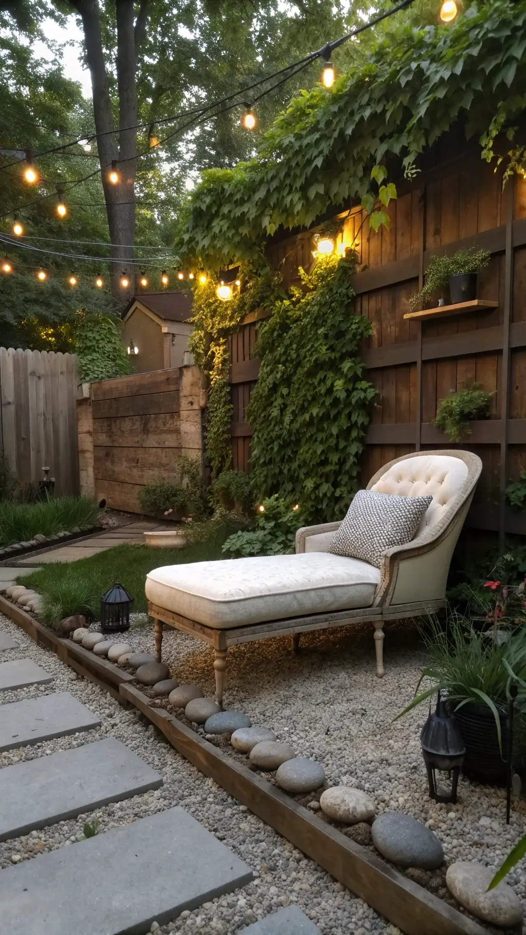 Vintage chaise lounge on pea gravel patio