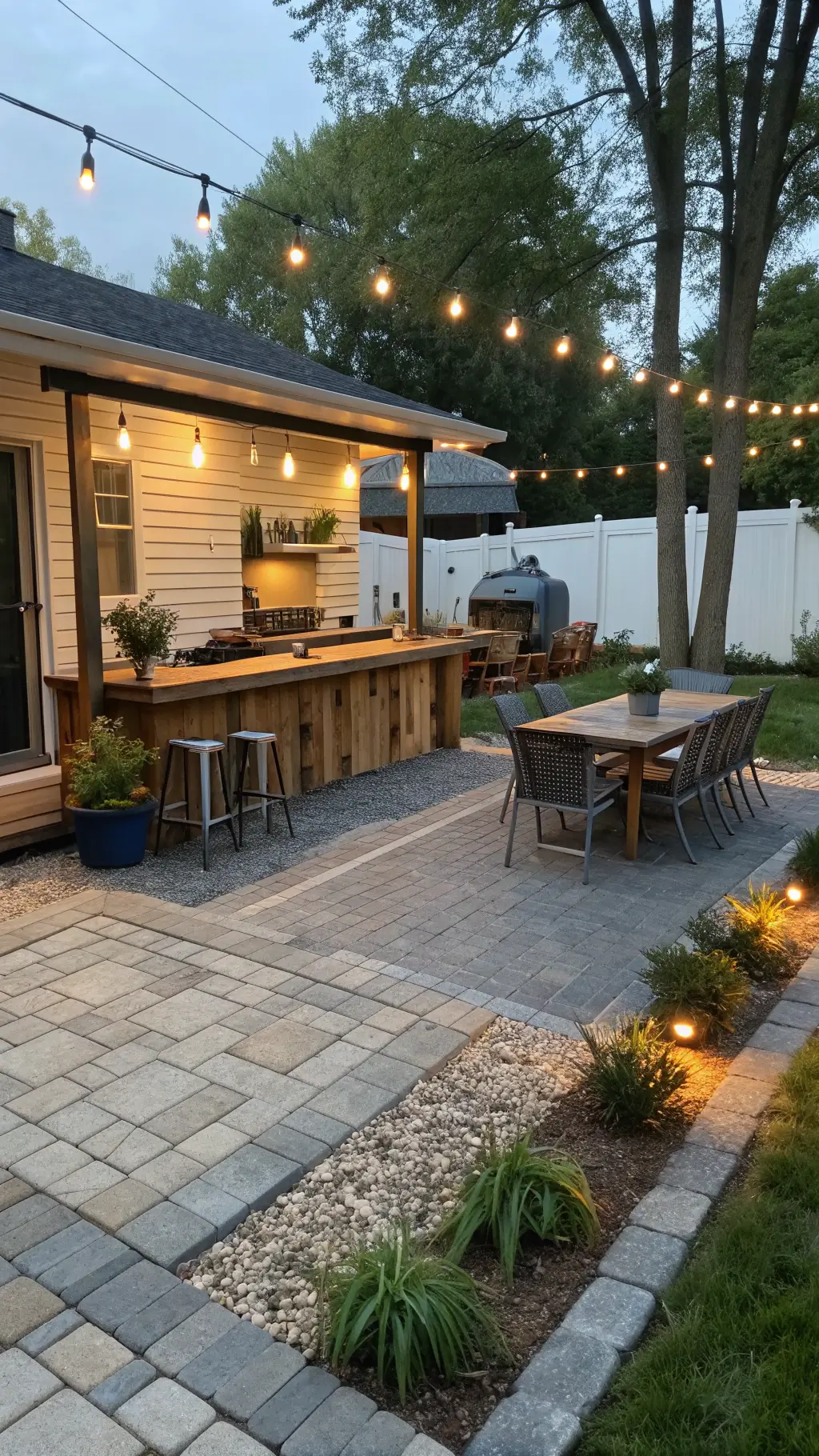 Evening view of patio with DIY outdoor kitchen, refinished secondhand dining set, mixed gravel and paver sections, and herb garden in galvanized containers