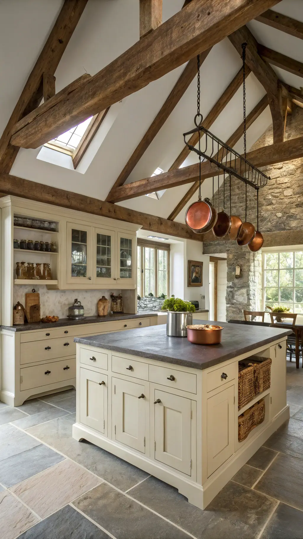 farmhouse kitchen with vaulted ceiling, cream cabinets, slate flooring, butcher block island, vintage stoneware, copper pots, morning light
