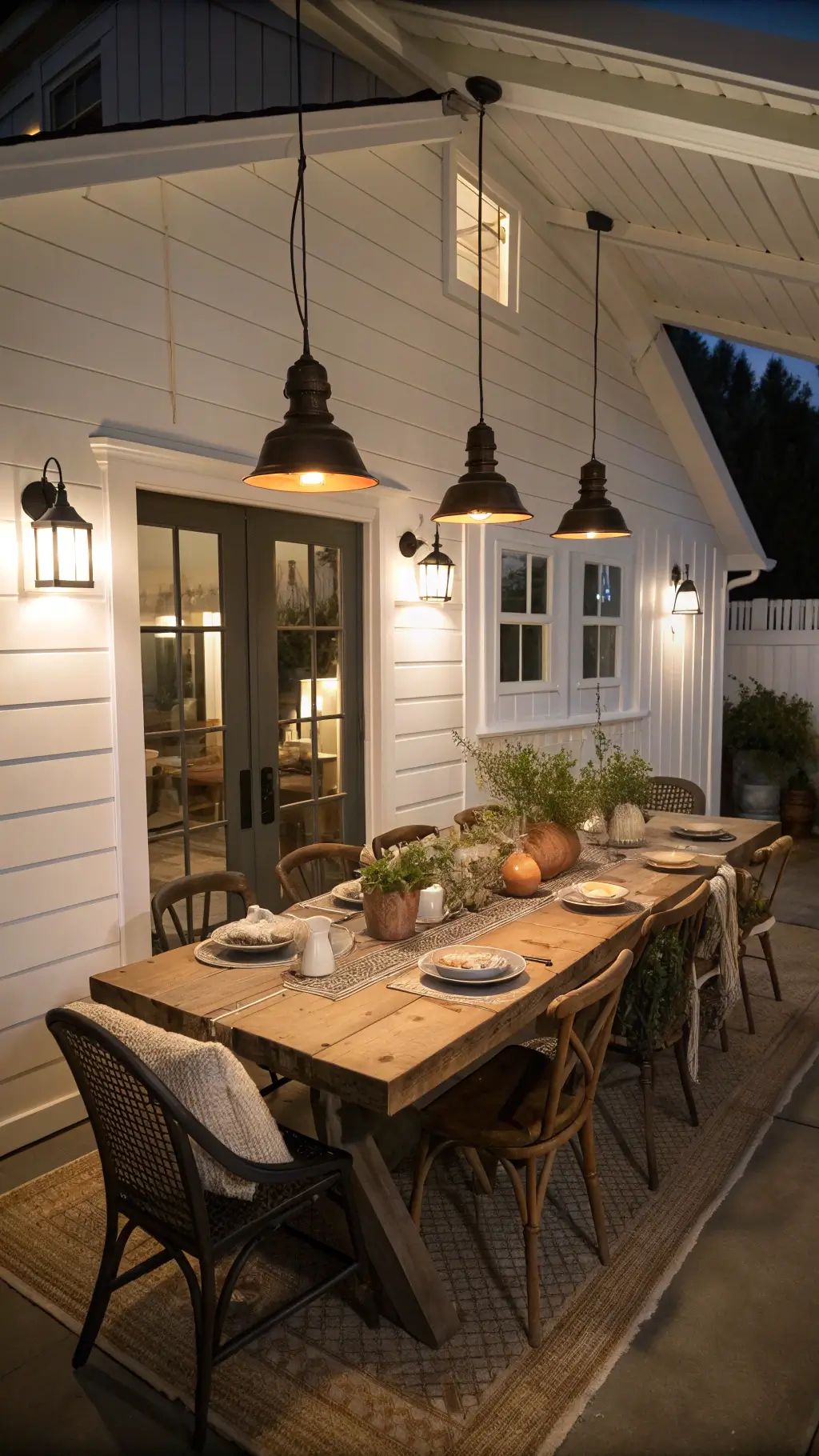 intimate dining room with warm white walls, reclaimed oak table, vintage chairs, pendant lights, earthenware pottery