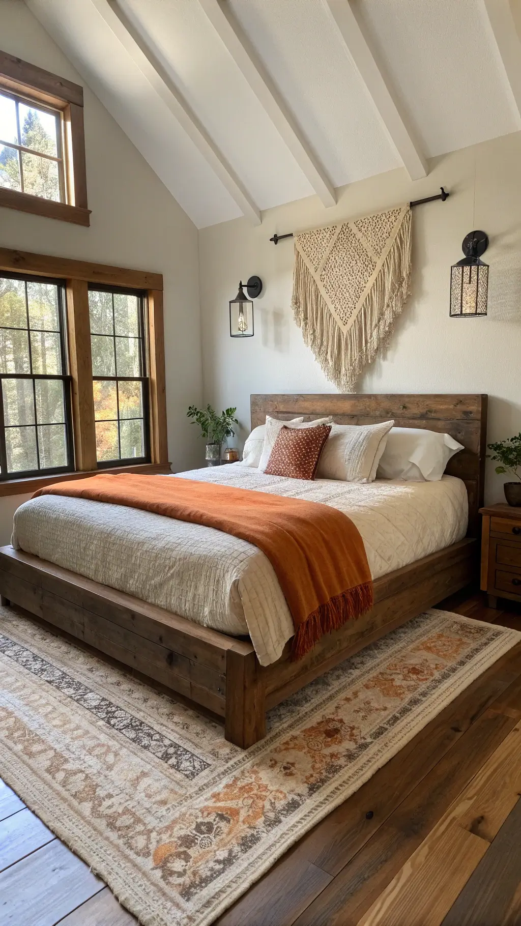 master bedroom with king-size platform bed, natural linen bedding, terracotta wool throw, macramé wall hanging, wrought iron lamps, natural light