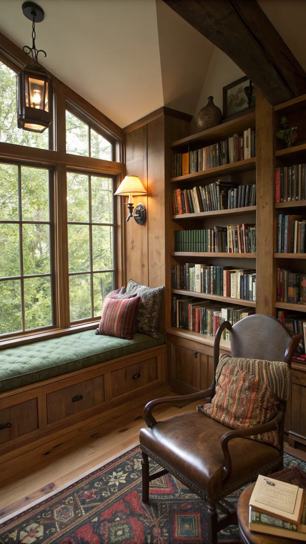 cozy reading nook with oak bookshelves, window seat with green and brown cushions, vintage leather chair, brass floor lamp