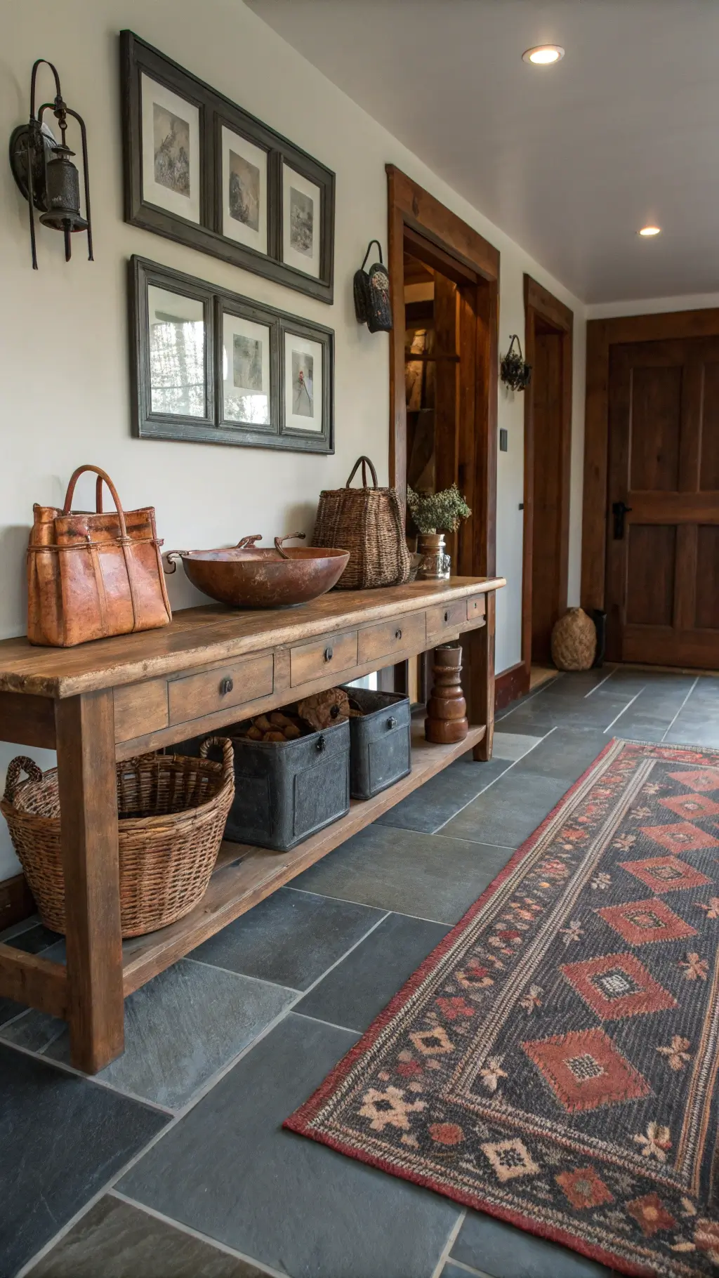 vintage entryway with slate flooring, reclaimed wood console table, copper vessels, weathered picture frames, iron coat hooks, woven market baskets