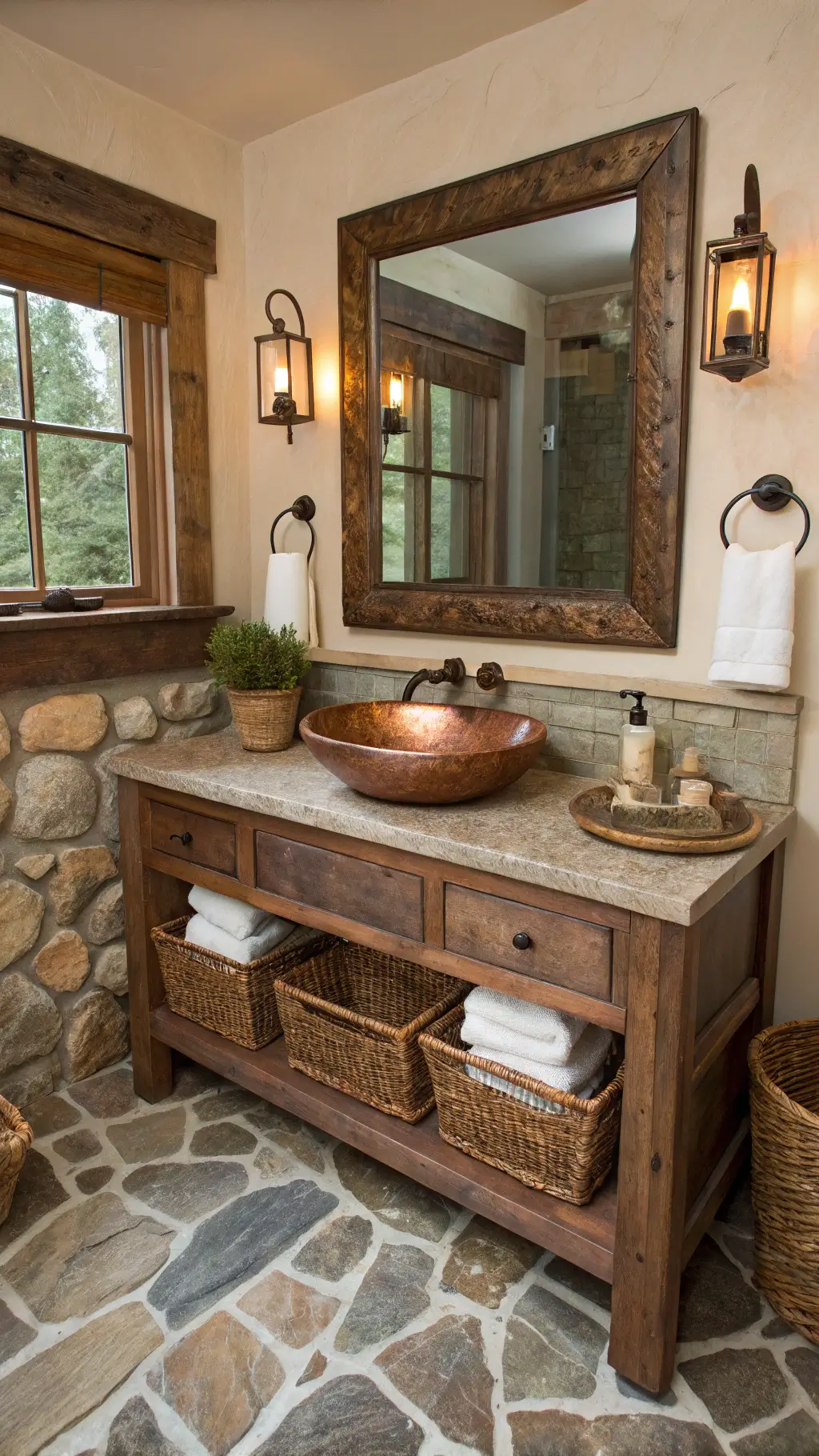 rustic bathroom with reclaimed wood vanity, hammered copper sink, vintage mirror, stone tile flooring, woven basket storage, iron glass sconces