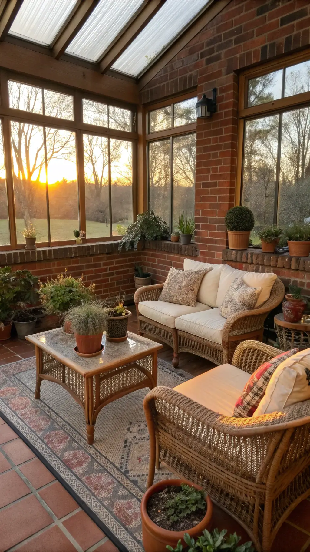 sunroom with vintage rattan furniture, natural linen cushions, exposed brick walls, floor-to-ceiling windows, golden hour light